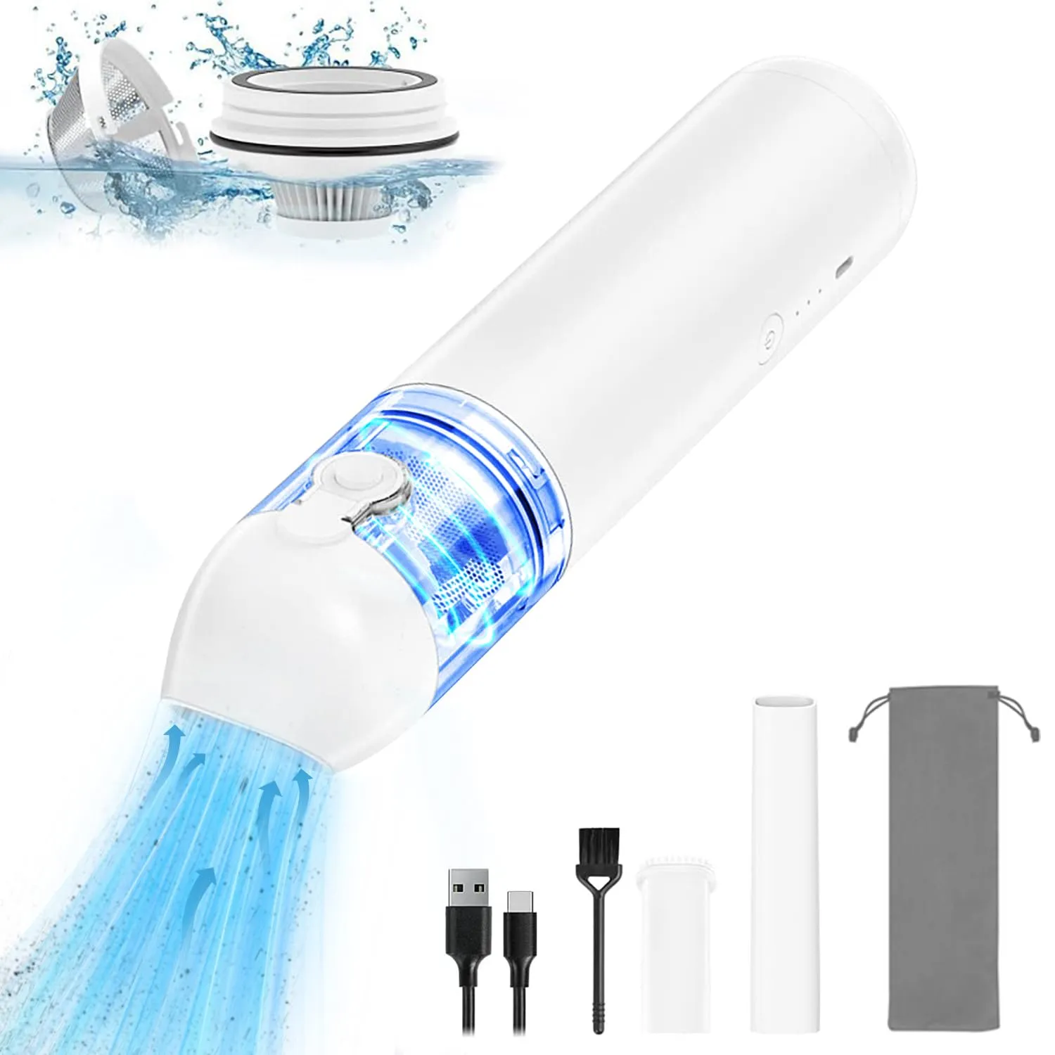 15000PA Cordless Handheld Vacuum Cleaner, Mini Portable Rechargeable with Stainless Steel HEPA Filters (White)