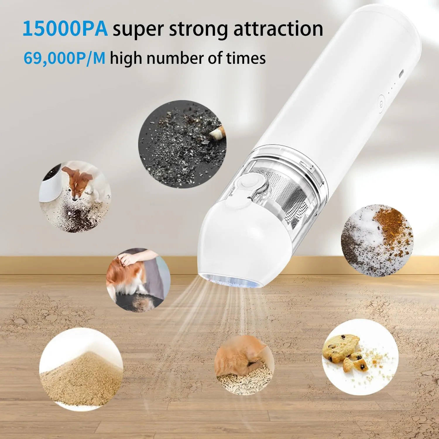 15000PA Cordless Handheld Vacuum Cleaner, Mini Portable Rechargeable with Stainless Steel HEPA Filters (White) - Image 2