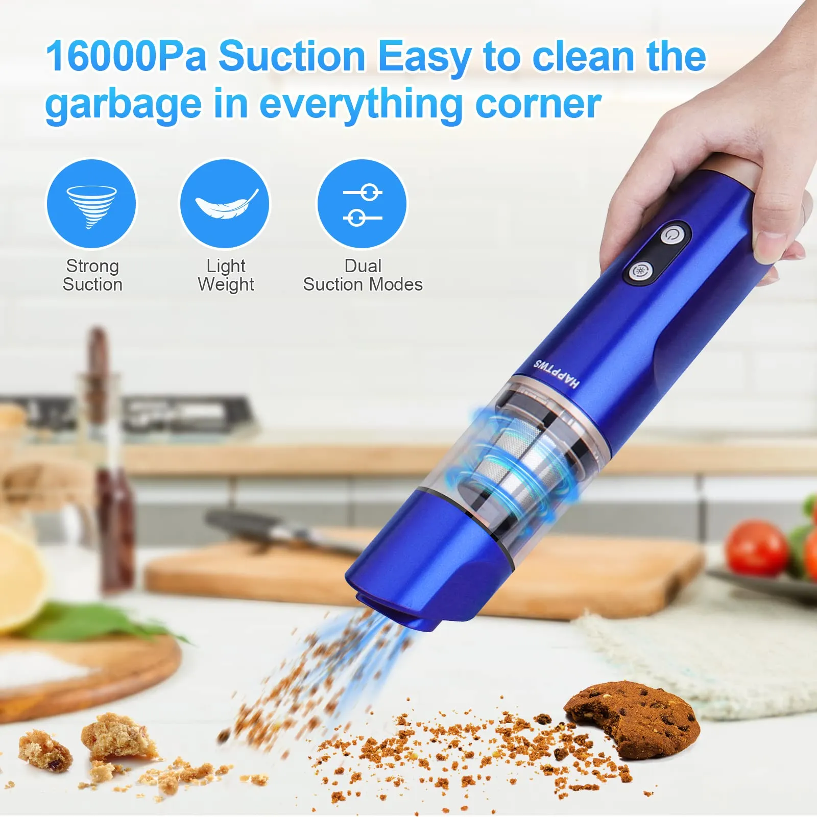 16000Pa Cordless Handheld Vacuum Cleaner - USB Rechargeable for Home, Car & Pet Hair - Blue - Image 2