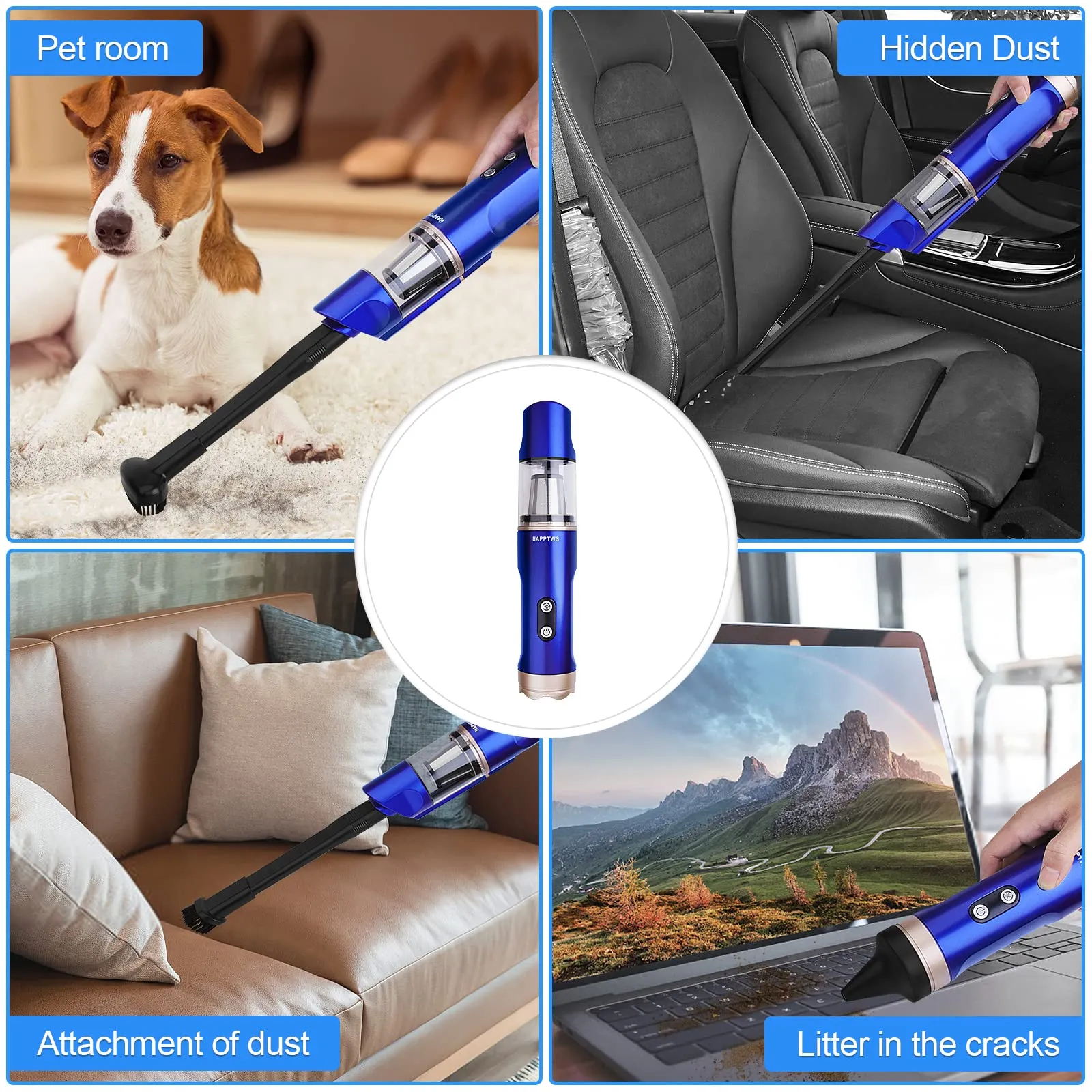 16000Pa Cordless Handheld Vacuum Cleaner - USB Rechargeable for Home, Car & Pet Hair - Blue - Image 3