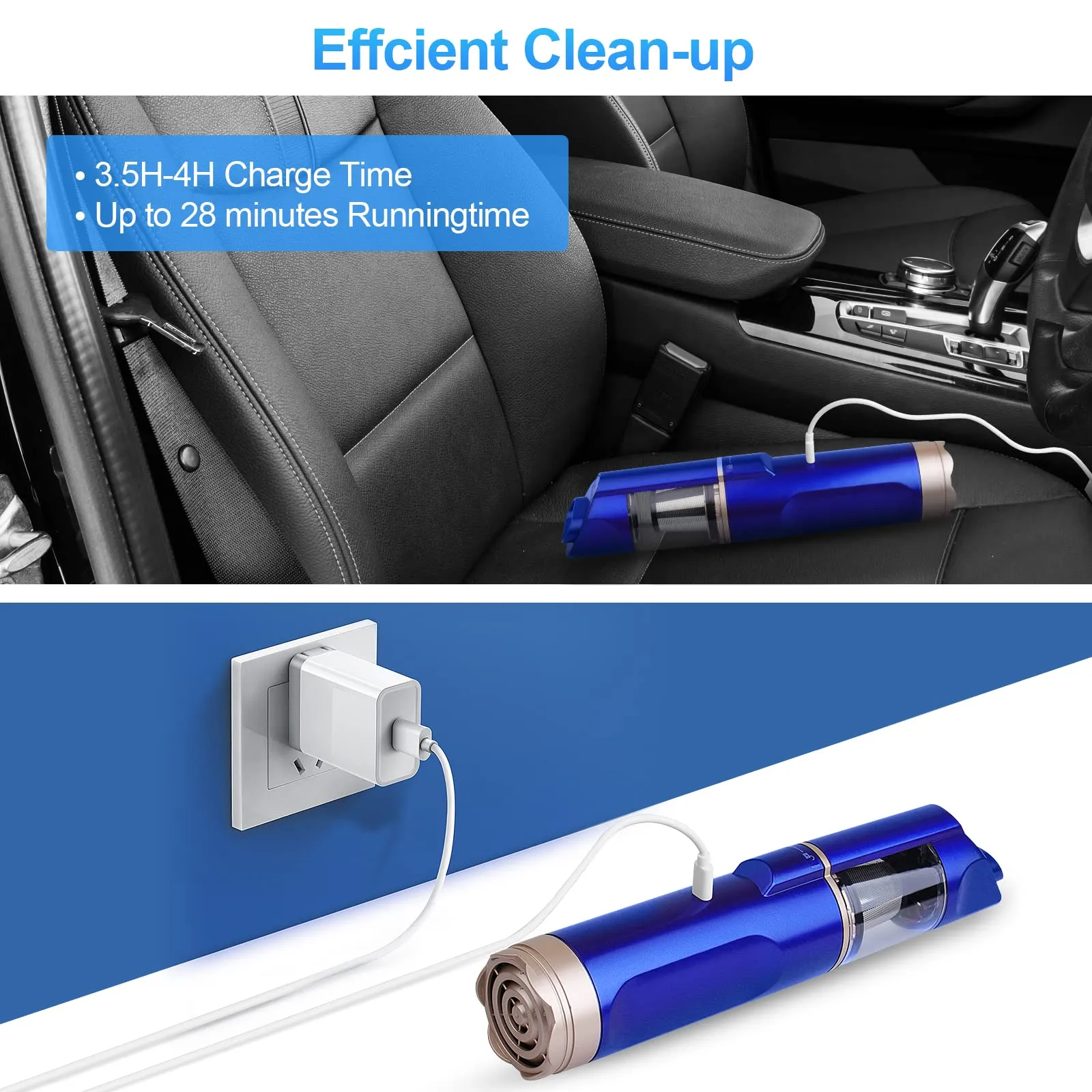 16000Pa Cordless Handheld Vacuum Cleaner - USB Rechargeable for Home, Car & Pet Hair - Blue - Image 5
