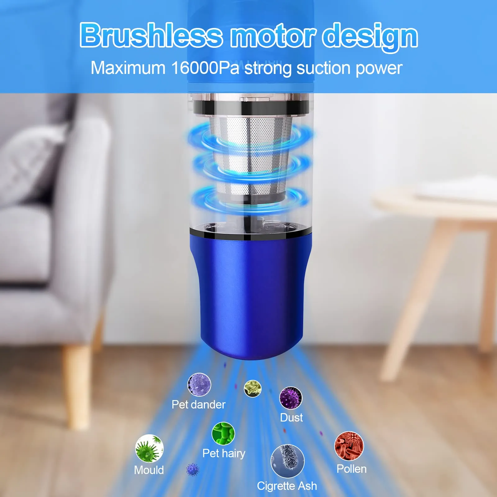 16000Pa Cordless Handheld Vacuum Cleaner - USB Rechargeable for Home, Car & Pet Hair - Blue - Image 6