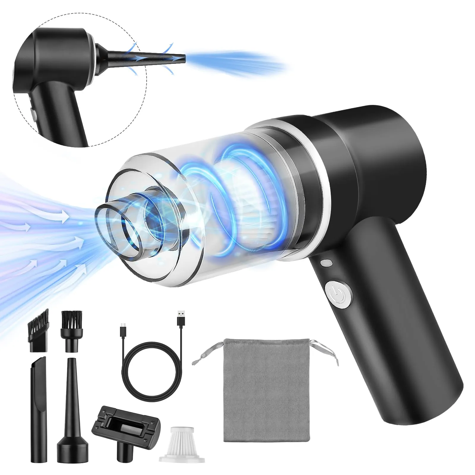 2-in-1 Wireless Handheld Car Vacuum Cleaner - 9000Pa Strong Suction, Type-C Fast Charging, Black