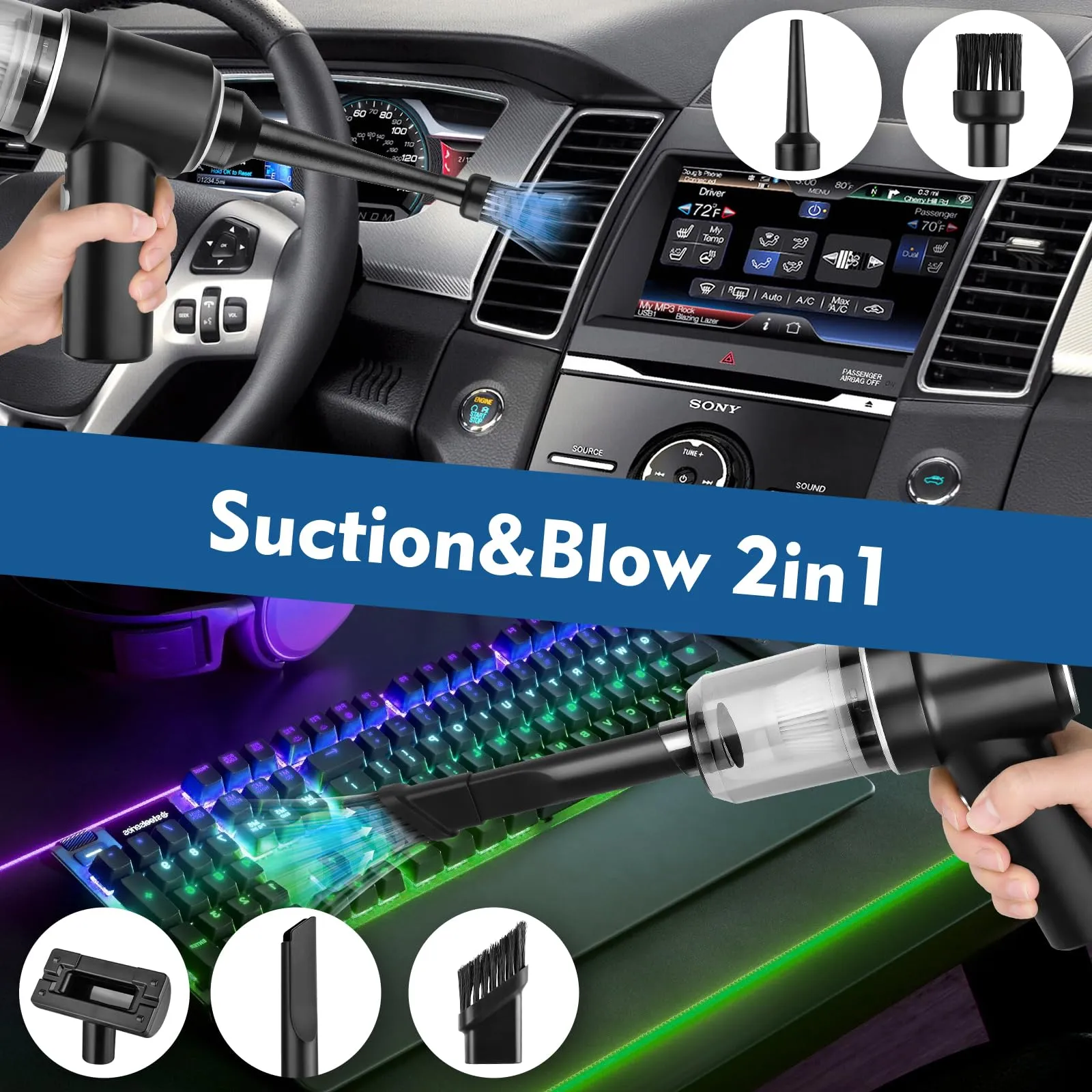 2-in-1 Wireless Handheld Car Vacuum Cleaner - 9000Pa Strong Suction, Type-C Fast Charging, Black - Image 2