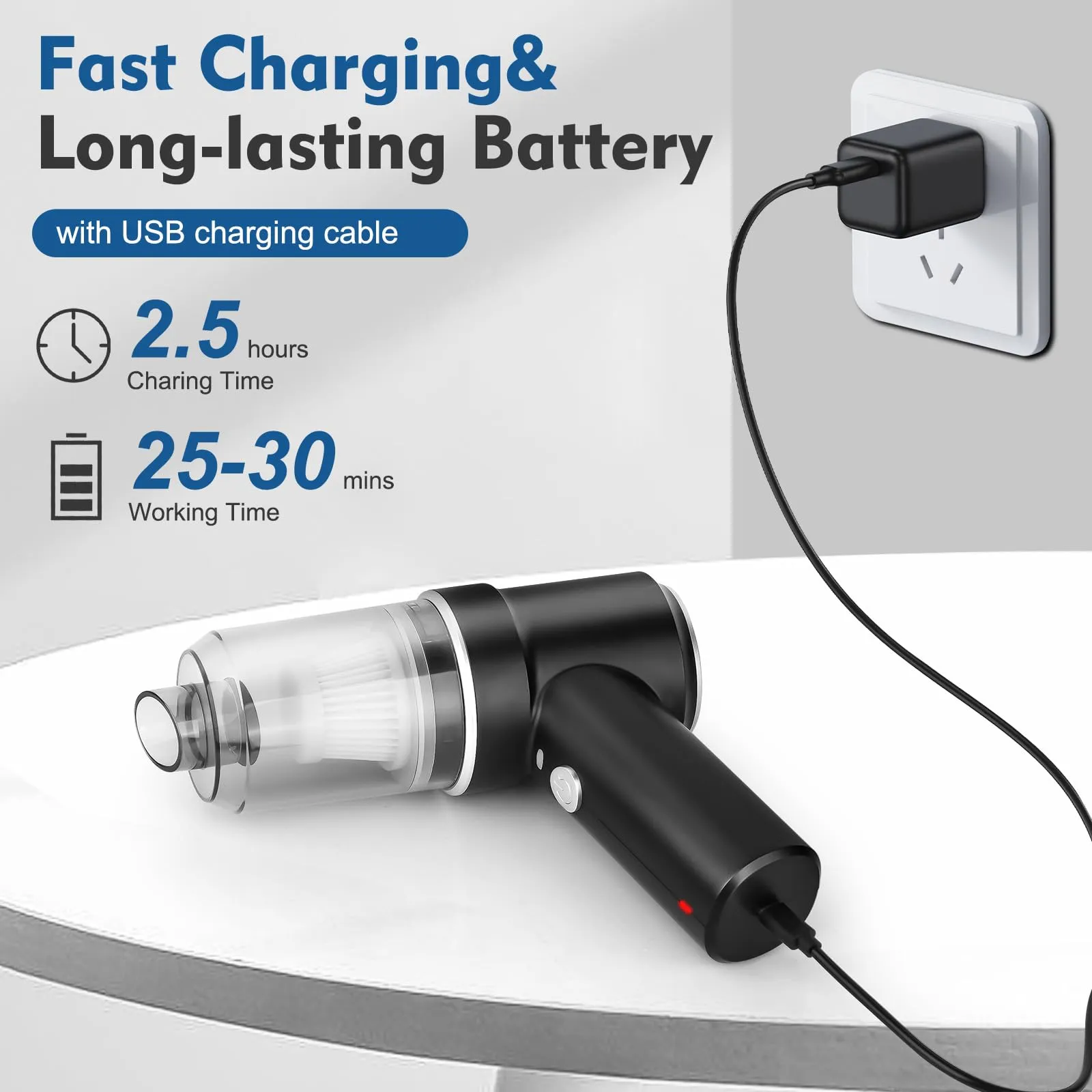 2-in-1 Wireless Handheld Car Vacuum Cleaner - 9000Pa Strong Suction, Type-C Fast Charging, Black - Image 5