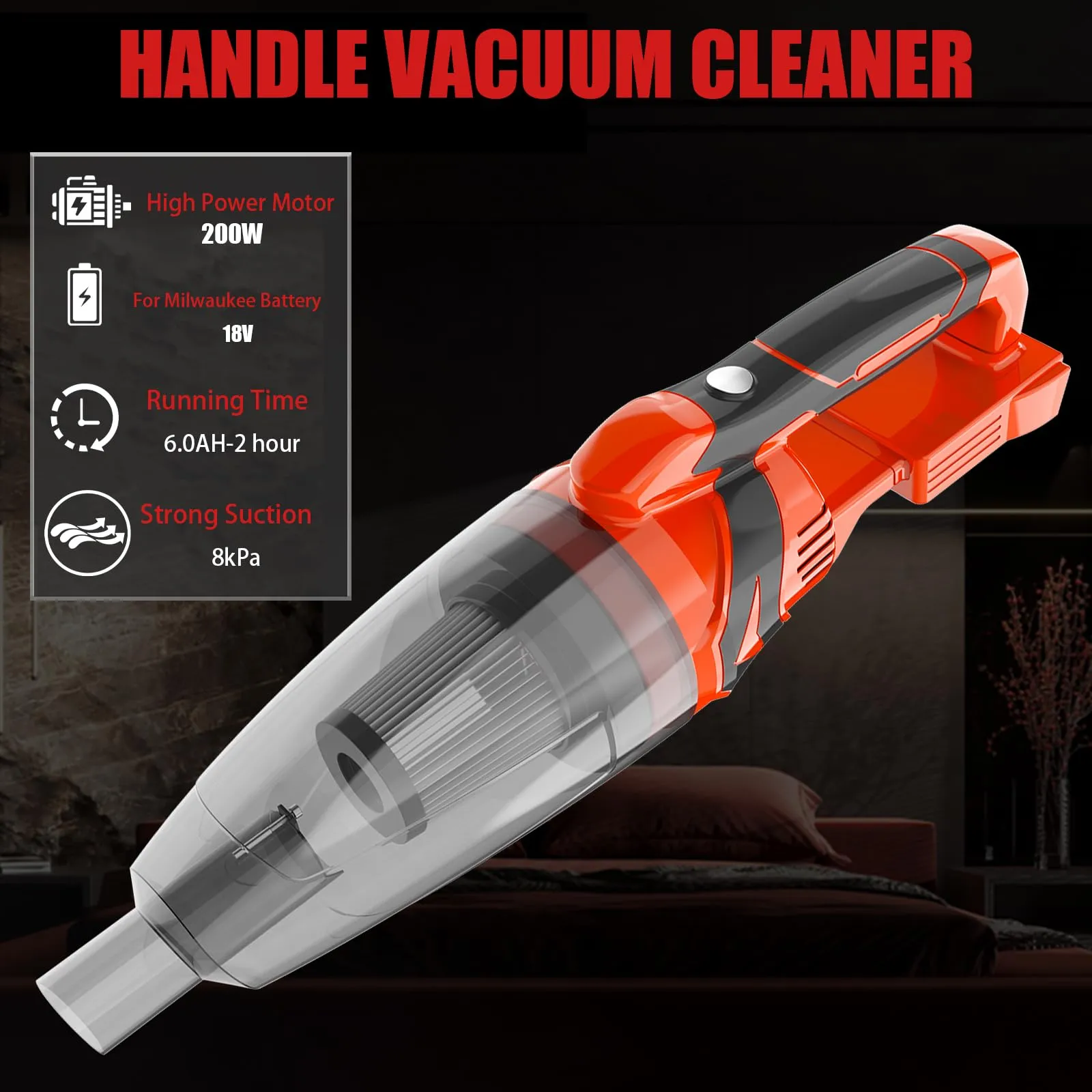 200W Cordless Handheld Vacuum for Milwaukee 18V Battery - Lightweight with 8kPa Suction for Home & Car - Image 3
