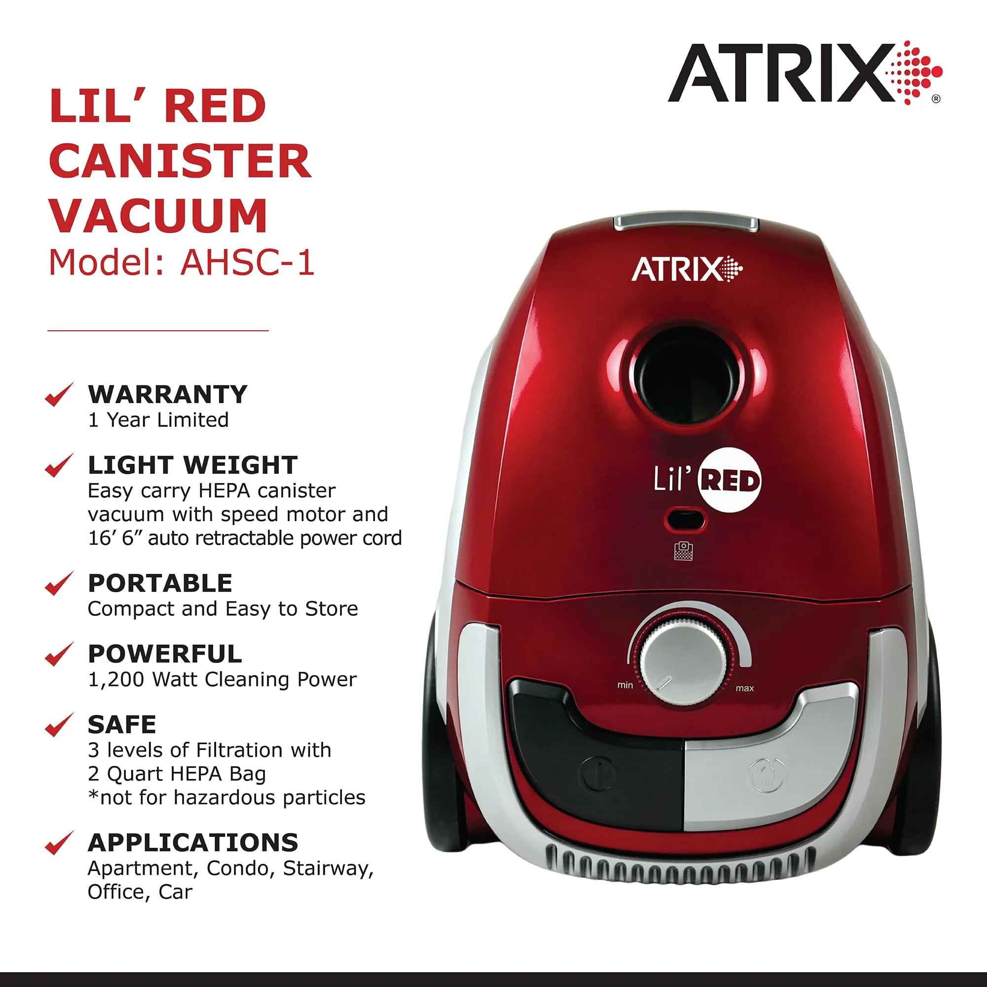 AHSC-1 Atrix Lil Red Portable Canister Vacuum with 2 Quart HEPA Filter and Variable Speed Motor - Image 3