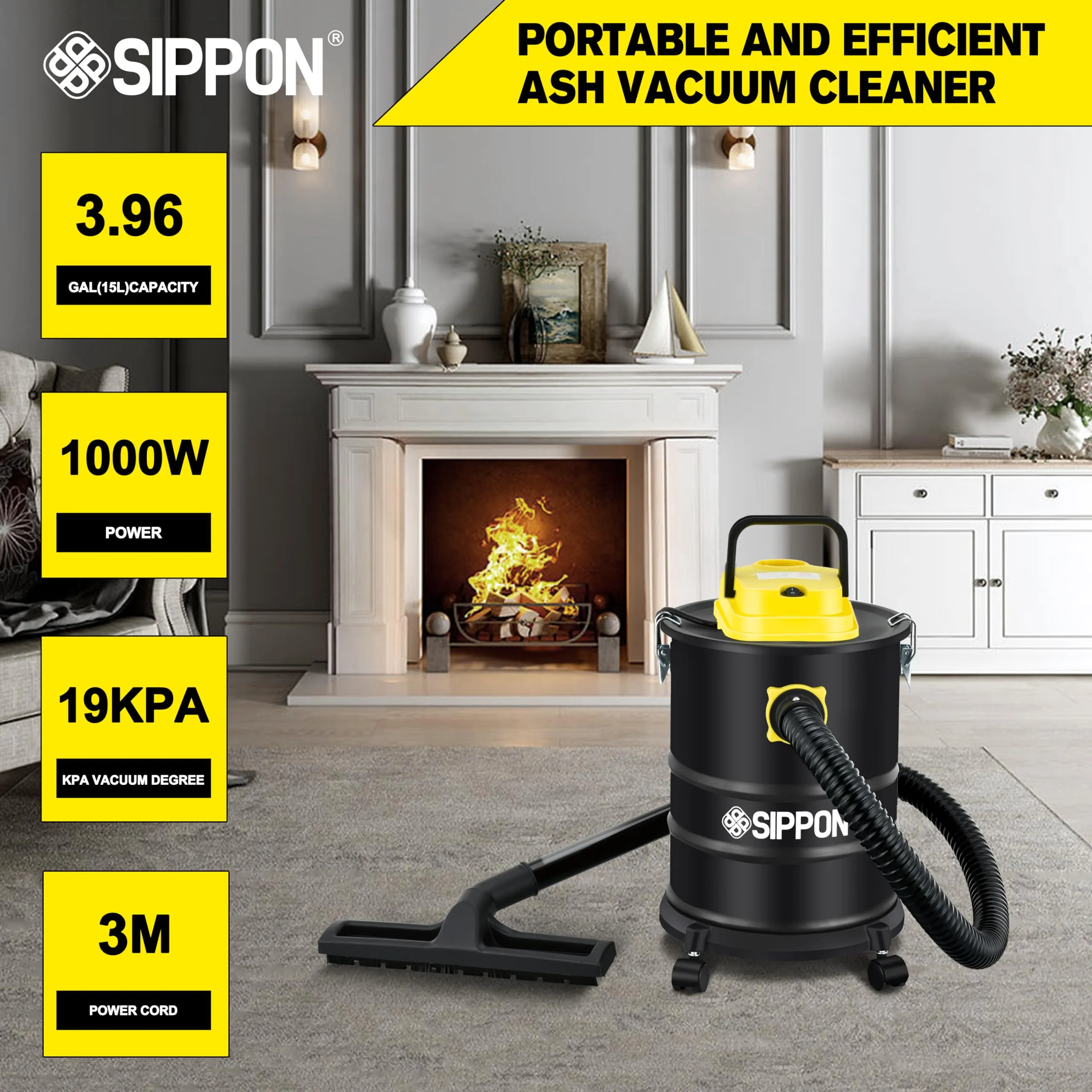 Ash Vacuum Cleaner 4 Gallon with Wheeled Base & 1000W Suction Power for Pellet Stoves & Fireplaces - Image 2