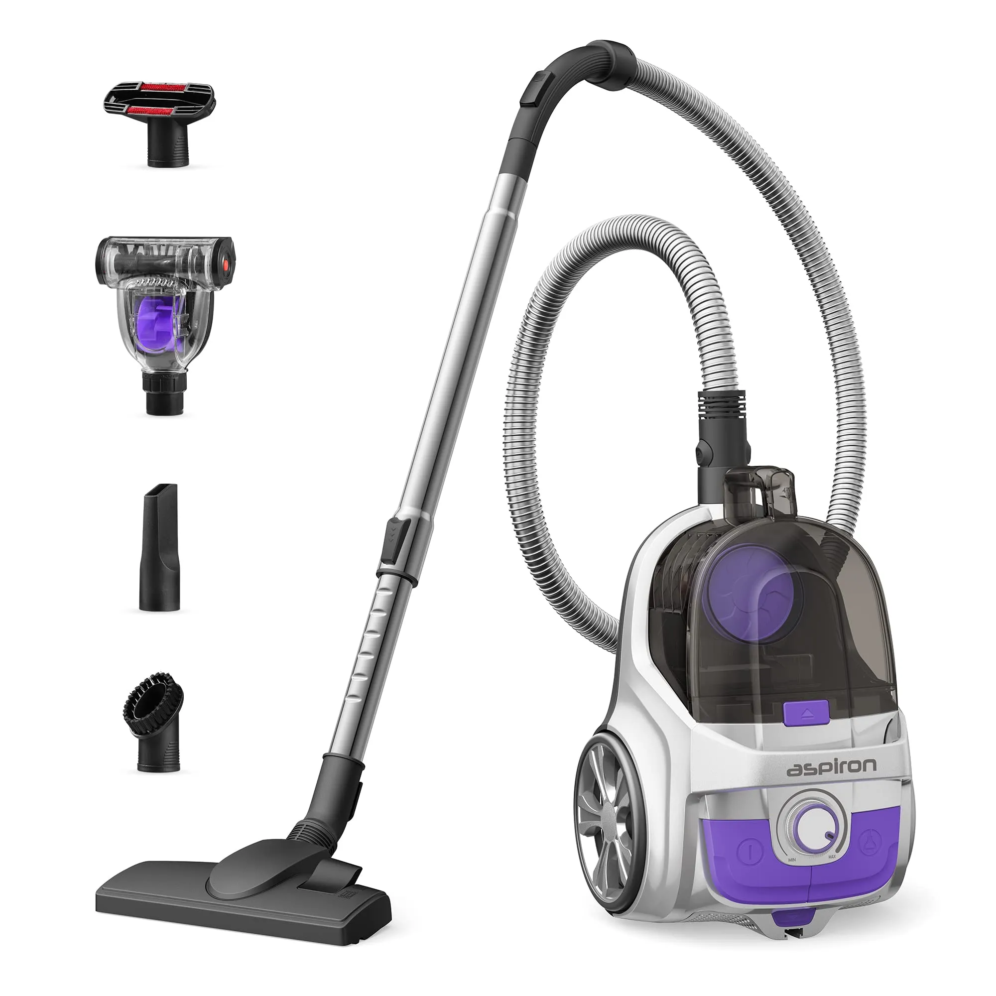 Aspiron 1200W Bagless Canister Vacuum Cleaner, 3.7Qt Capacity, Auto Cord Rewind, HEPA Filter, Pet Tools
