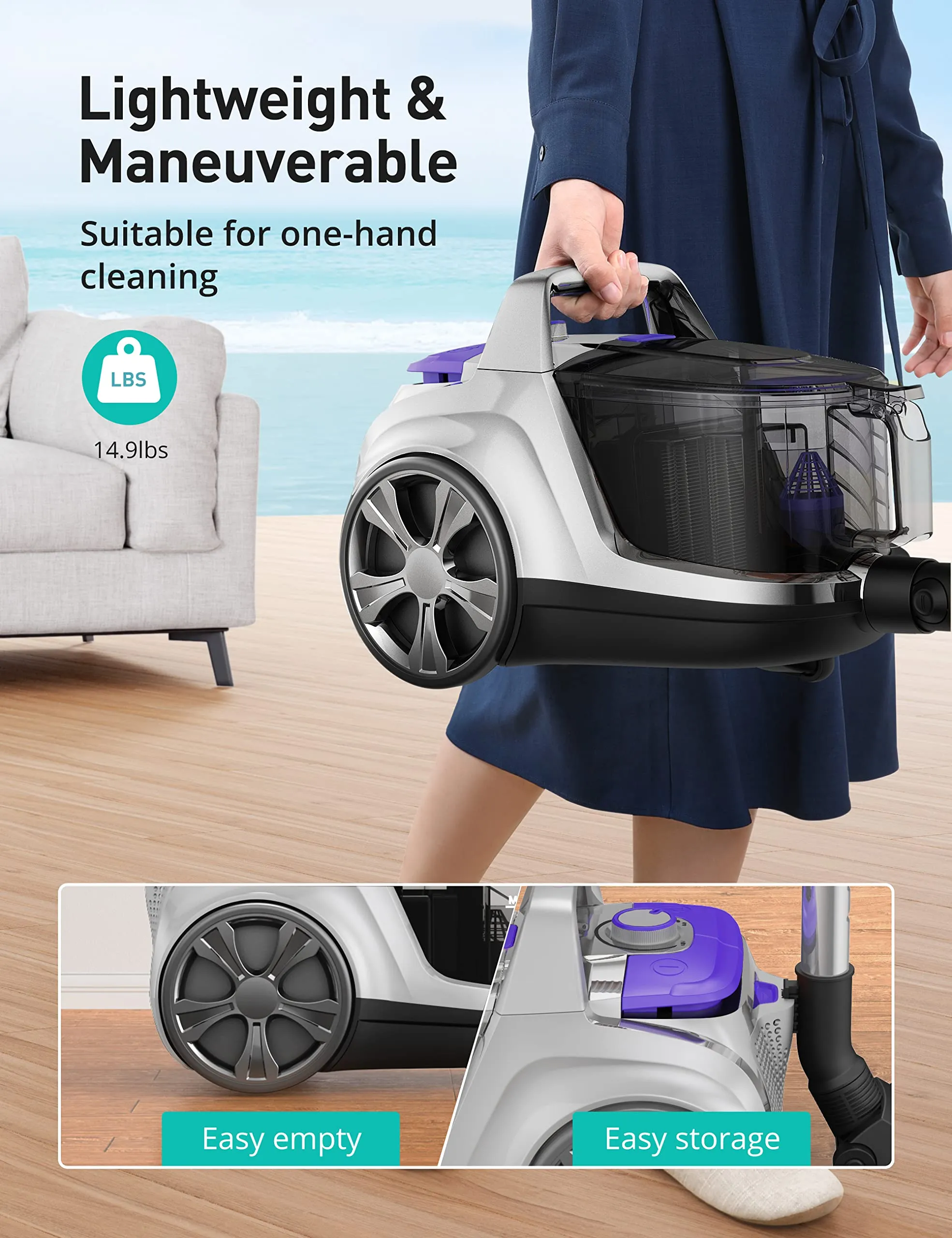 Aspiron 1200W Bagless Canister Vacuum Cleaner, 3.7Qt Capacity, Auto Cord Rewind, HEPA Filter, Pet Tools - Image 6