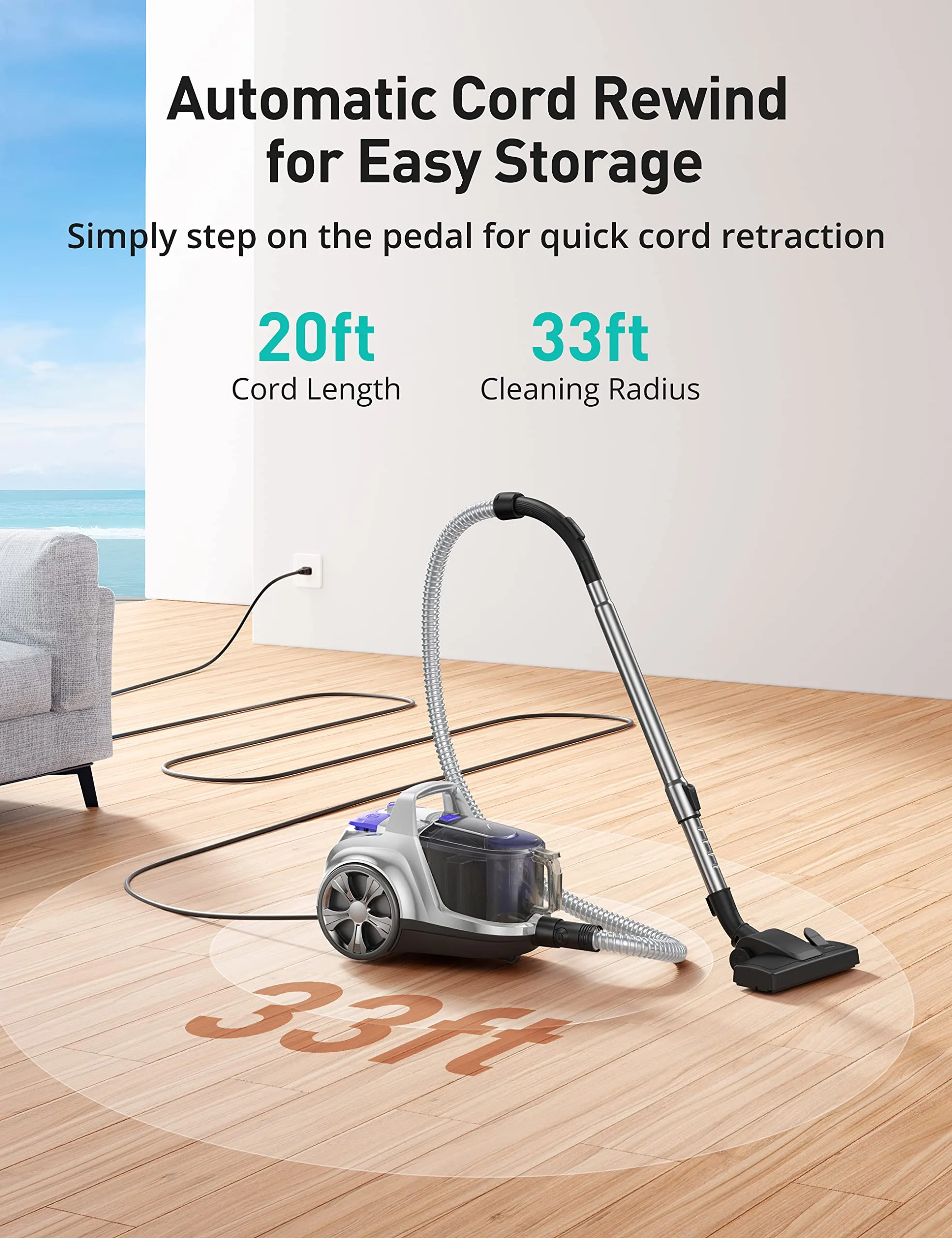 Aspiron 1200W Bagless Canister Vacuum Cleaner, 3.7Qt Capacity, Auto Cord Rewind, HEPA Filter, Pet Tools - Image 7
