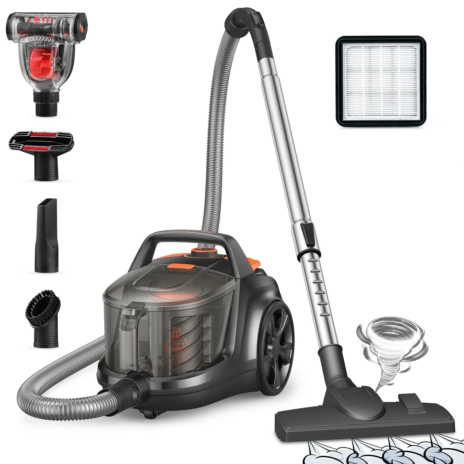 Aspiron 1200W Canister Vacuum Cleaner - Lightweight, Bagless, HEPA Filter, Pet Friendly, 3.7QT