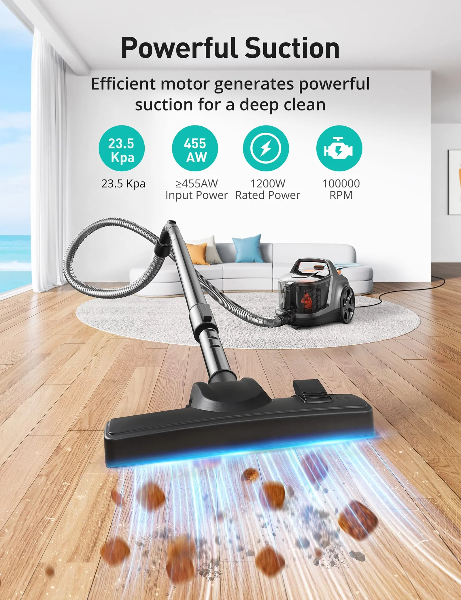 Aspiron 1200W Canister Vacuum Cleaner - Lightweight, Bagless, HEPA Filter, Pet Friendly, 3.7QT - Image 2
