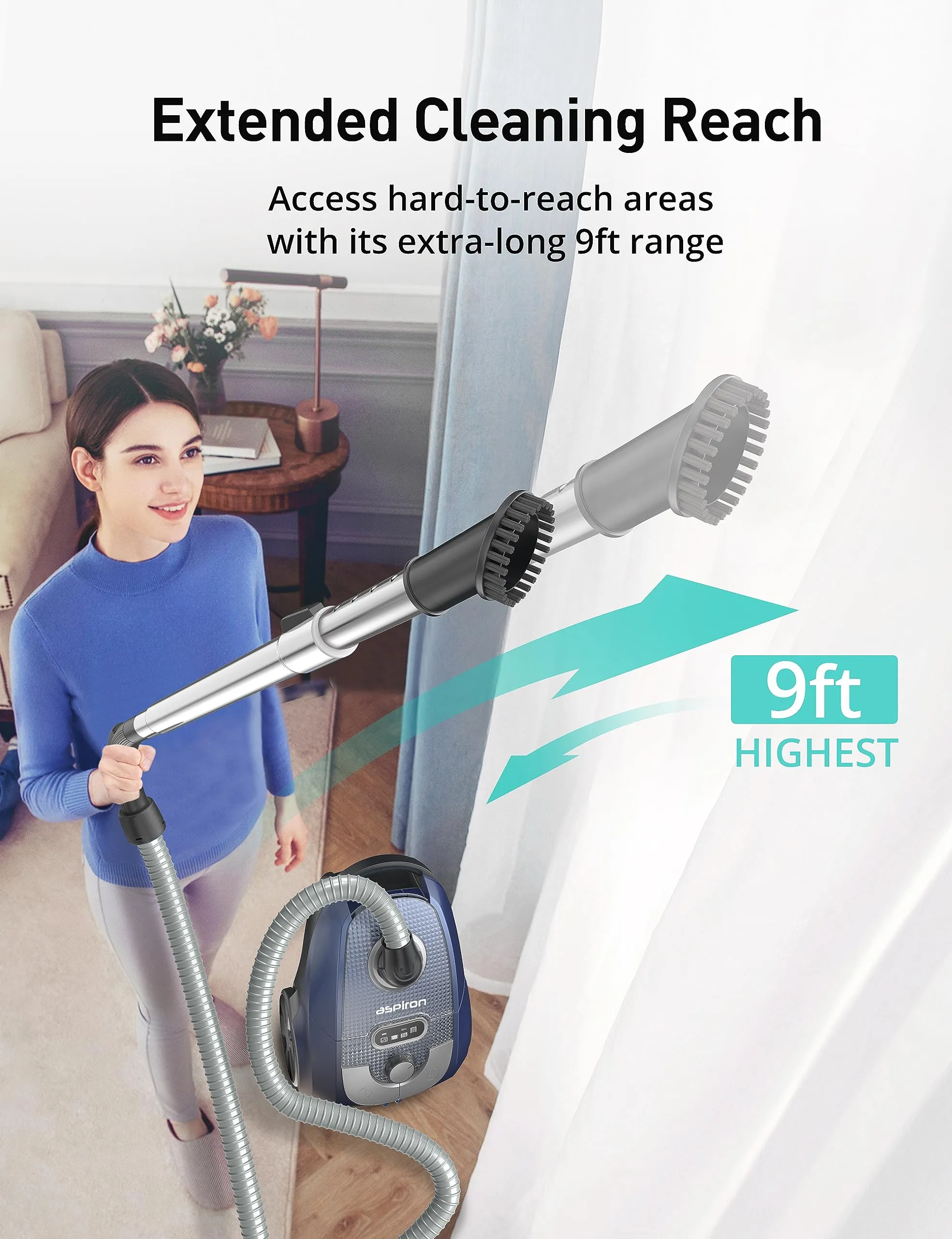 Aspiron 1300W Bagged Canister Vacuum Cleaner - Turbo Brush, 5 Tools, H13 HEPA Filter, Blue - Image 3