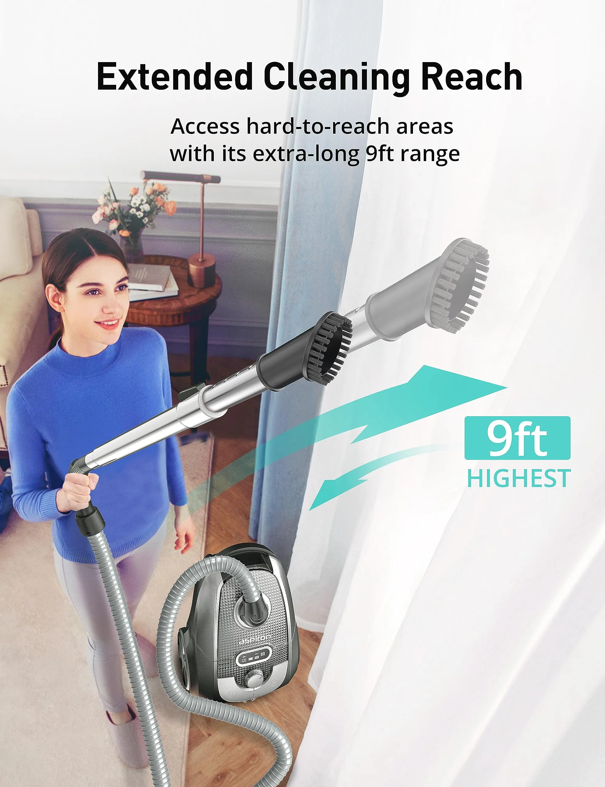 Aspiron 1300W Bagged Canister Vacuum Cleaner with Turbo Brush, H13 HEPA Filter, 5 Tools, Grey - Image 4