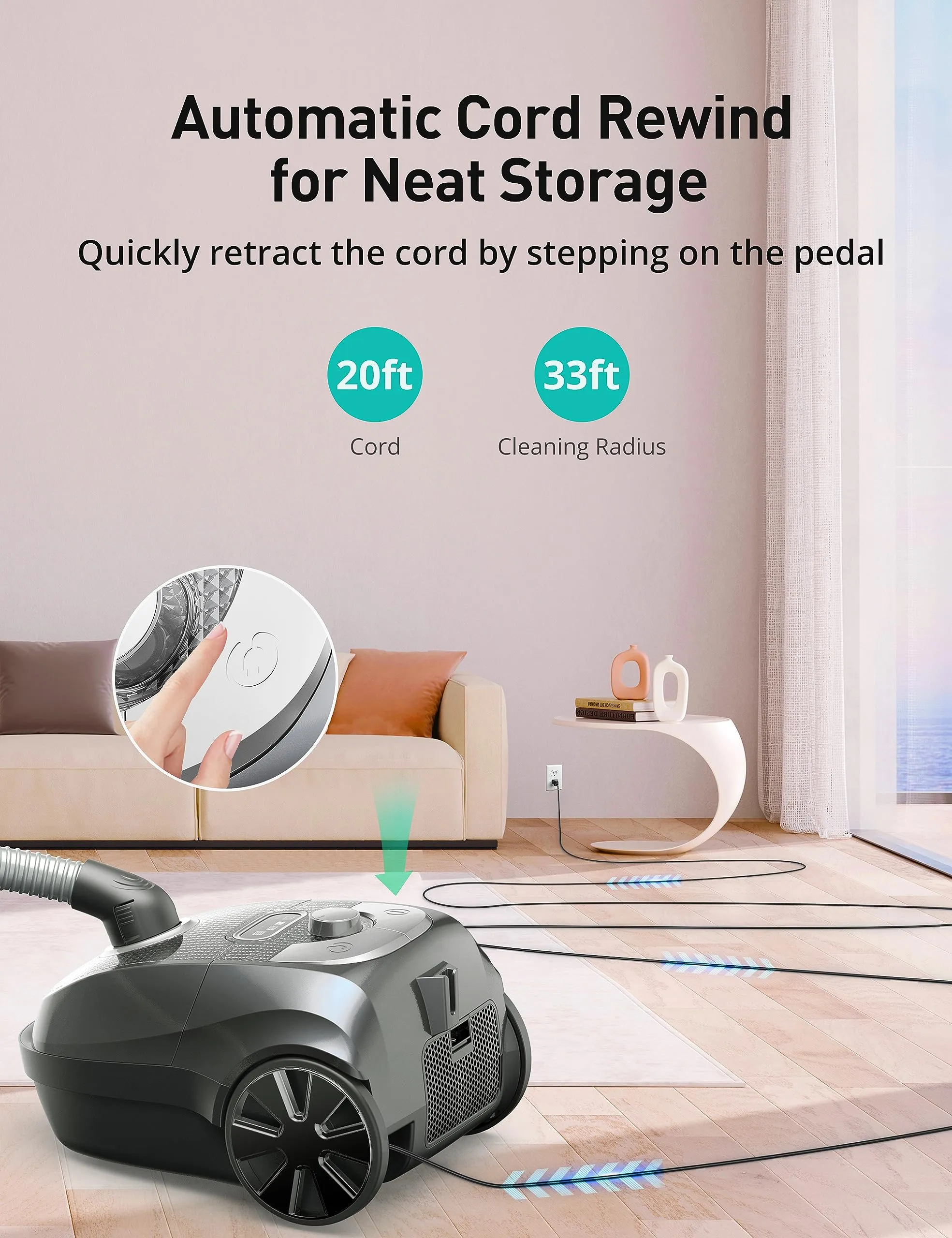 Aspiron 1300W Bagged Canister Vacuum Cleaner with Turbo Brush, H13 HEPA Filter, 5 Tools, Grey - Image 5