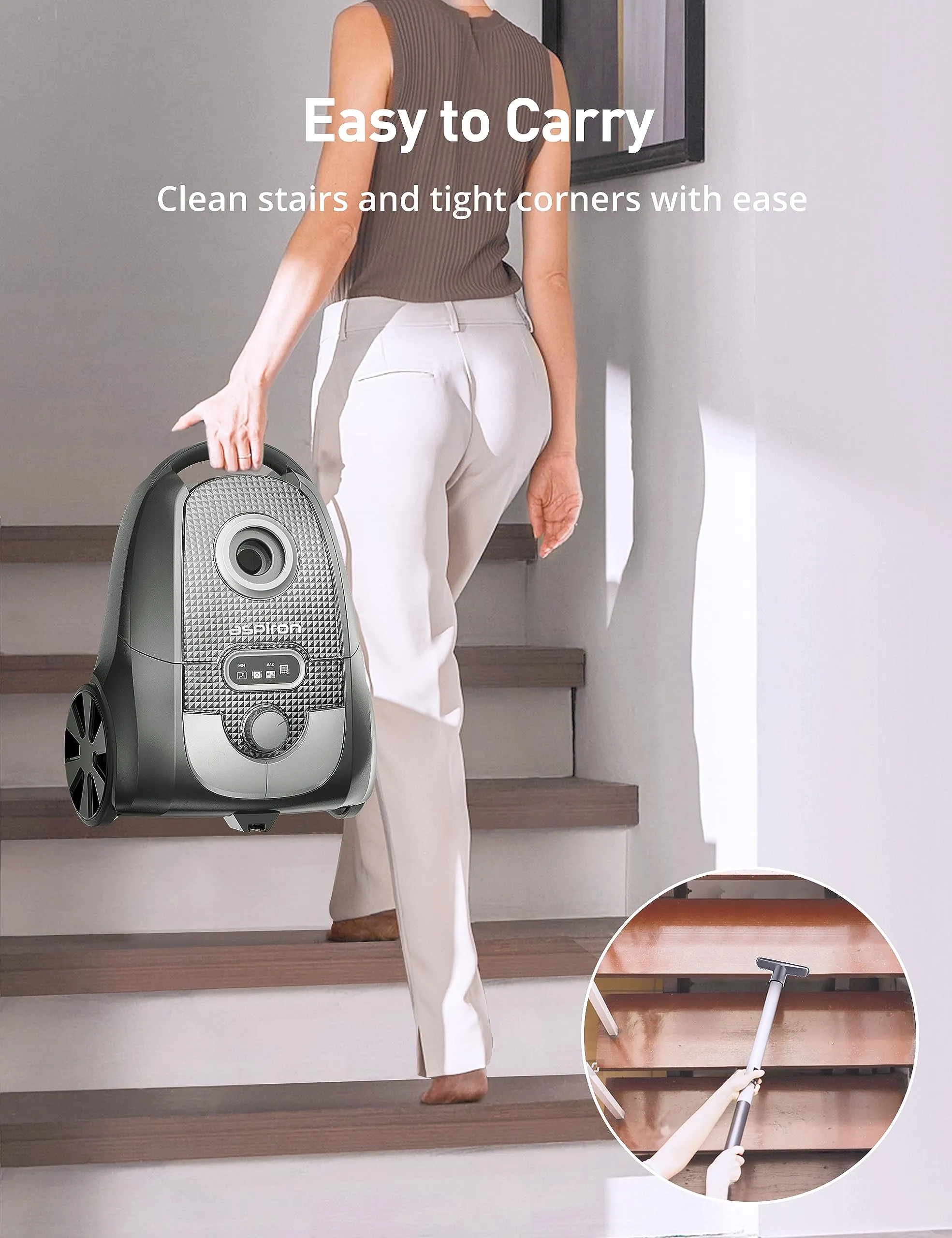 Aspiron 1300W Bagged Canister Vacuum Cleaner with Turbo Brush, H13 HEPA Filter, 5 Tools, Grey - Image 6