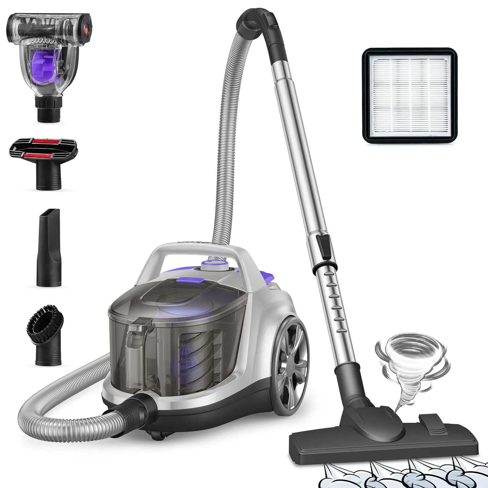 Aspiron Canister Vacuum Cleaner - Lightweight Bagless with HEPA Filter, 3.7QT Dust Cup, Silver