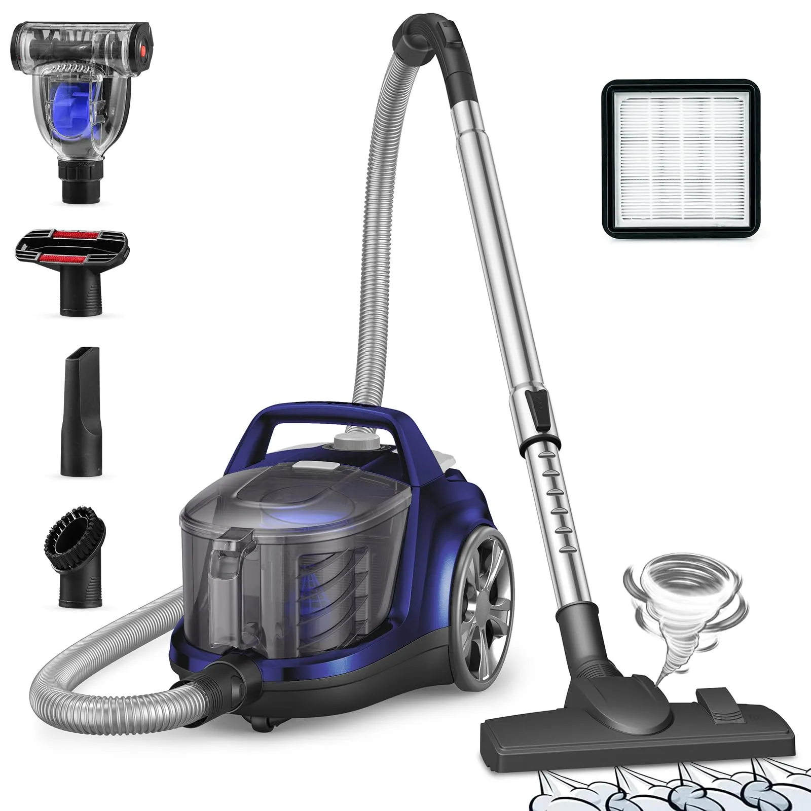 Aspiron Canister Vacuum Cleaner, Blue - 1200W Powerful Suction, 3.7QT Dust Capacity, Versatile Accessories
