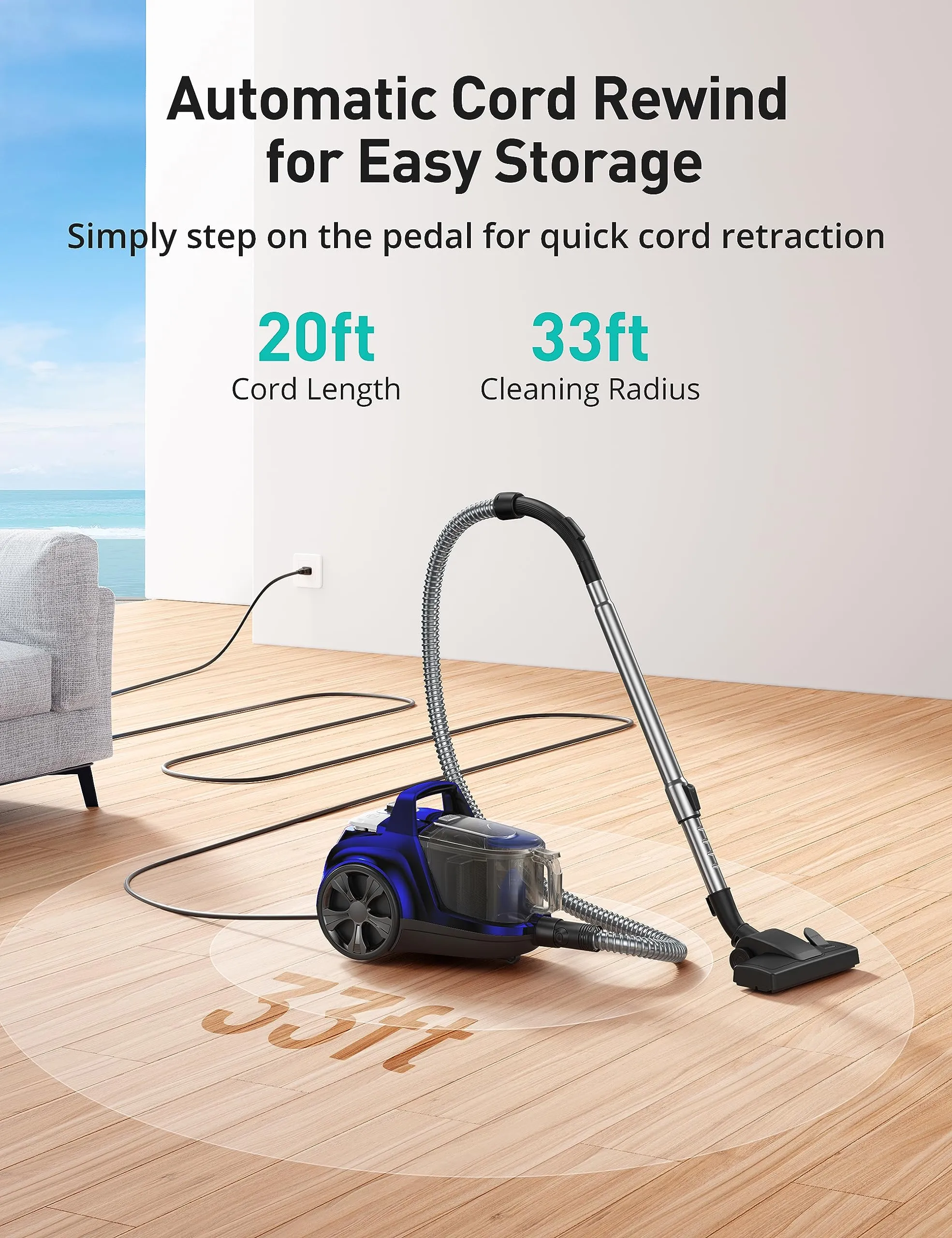 Aspiron Canister Vacuum Cleaner, Blue - 1200W Powerful Suction, 3.7QT Dust Capacity, Versatile Accessories - Image 5