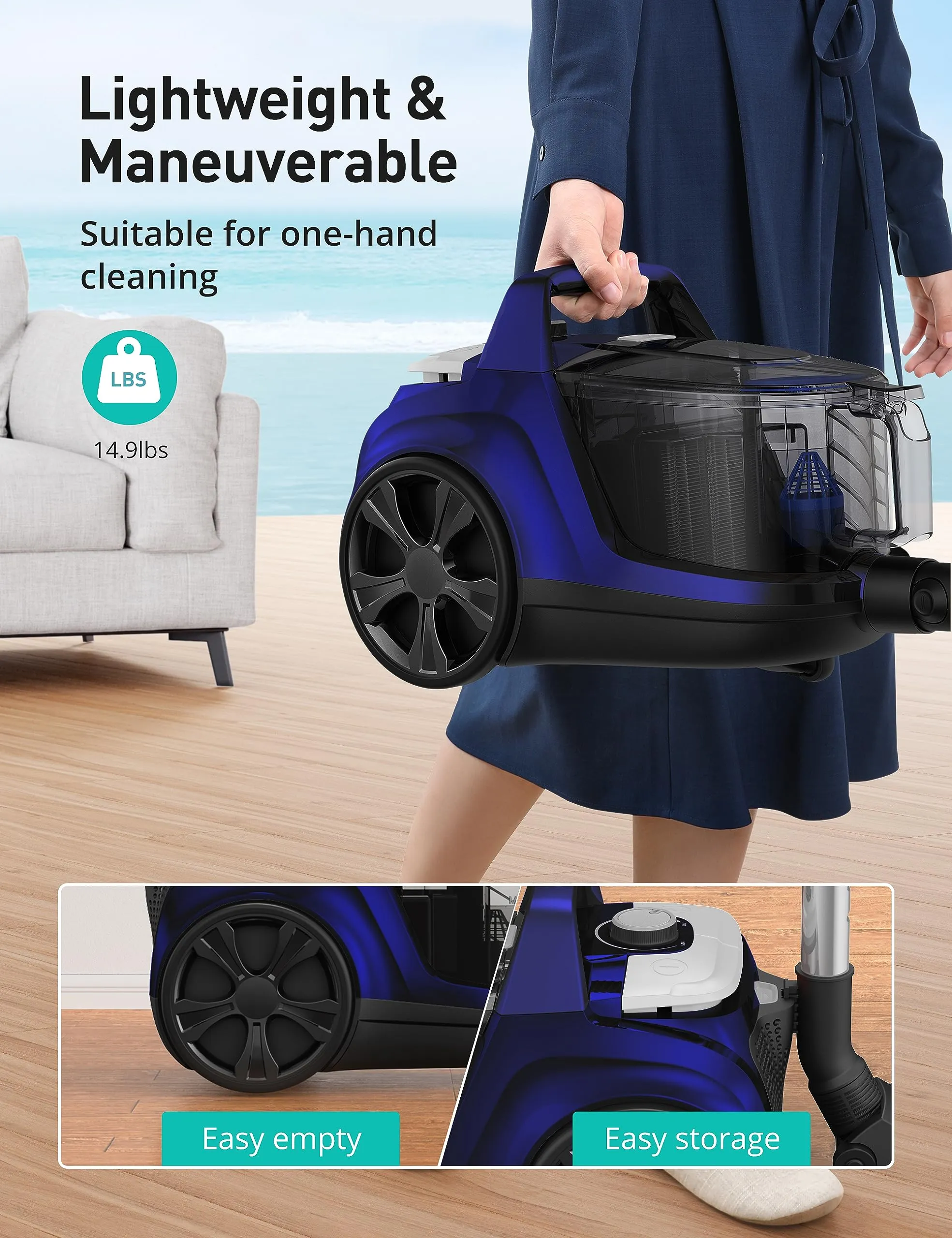 Aspiron Canister Vacuum Cleaner, Blue - 1200W Powerful Suction, 3.7QT Dust Capacity, Versatile Accessories - Image 6