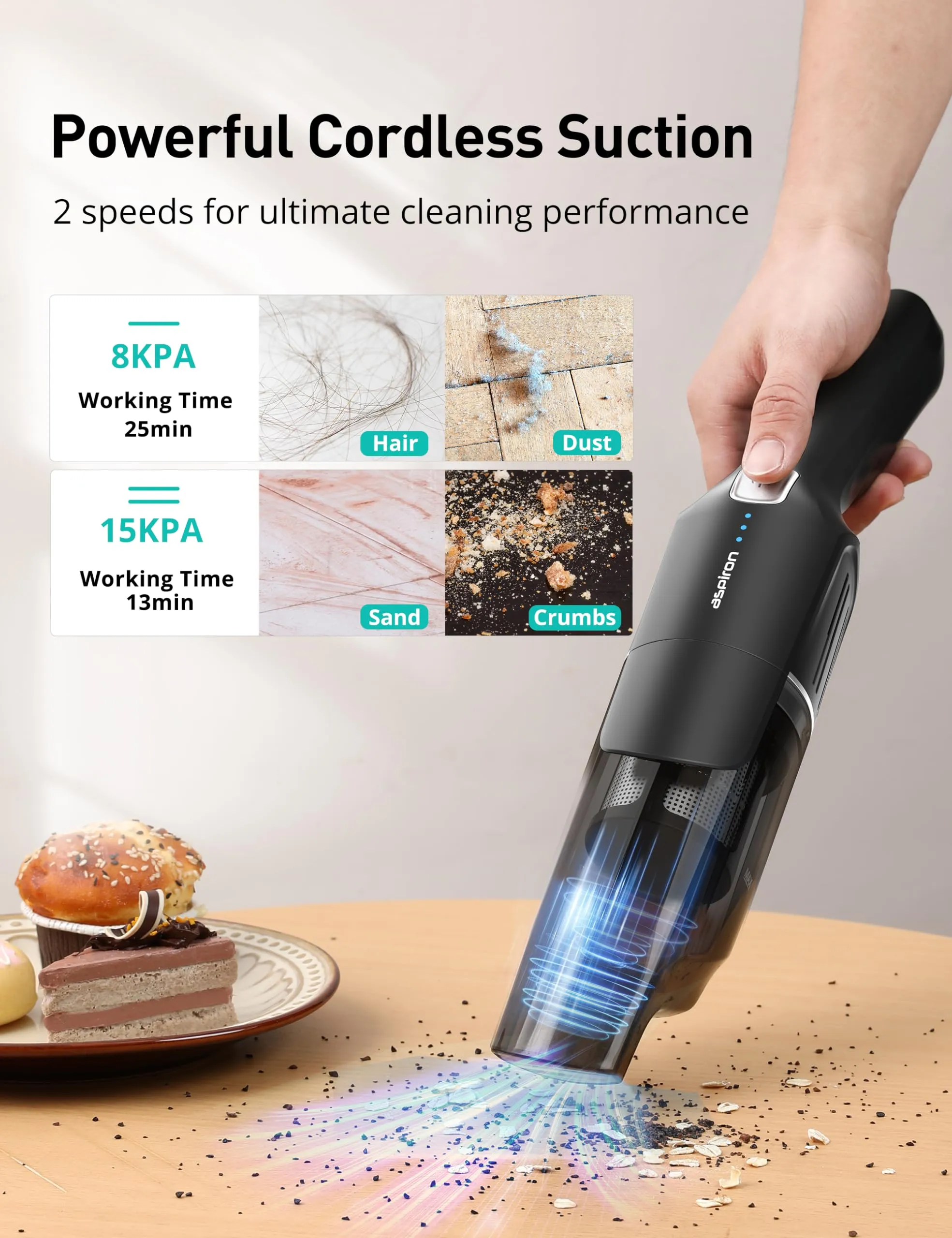 Aspiron Cordless Handheld Vacuum 15KPA - Powerful, Lightweight, Rechargeable, 2-in-1 Tool - Image 2