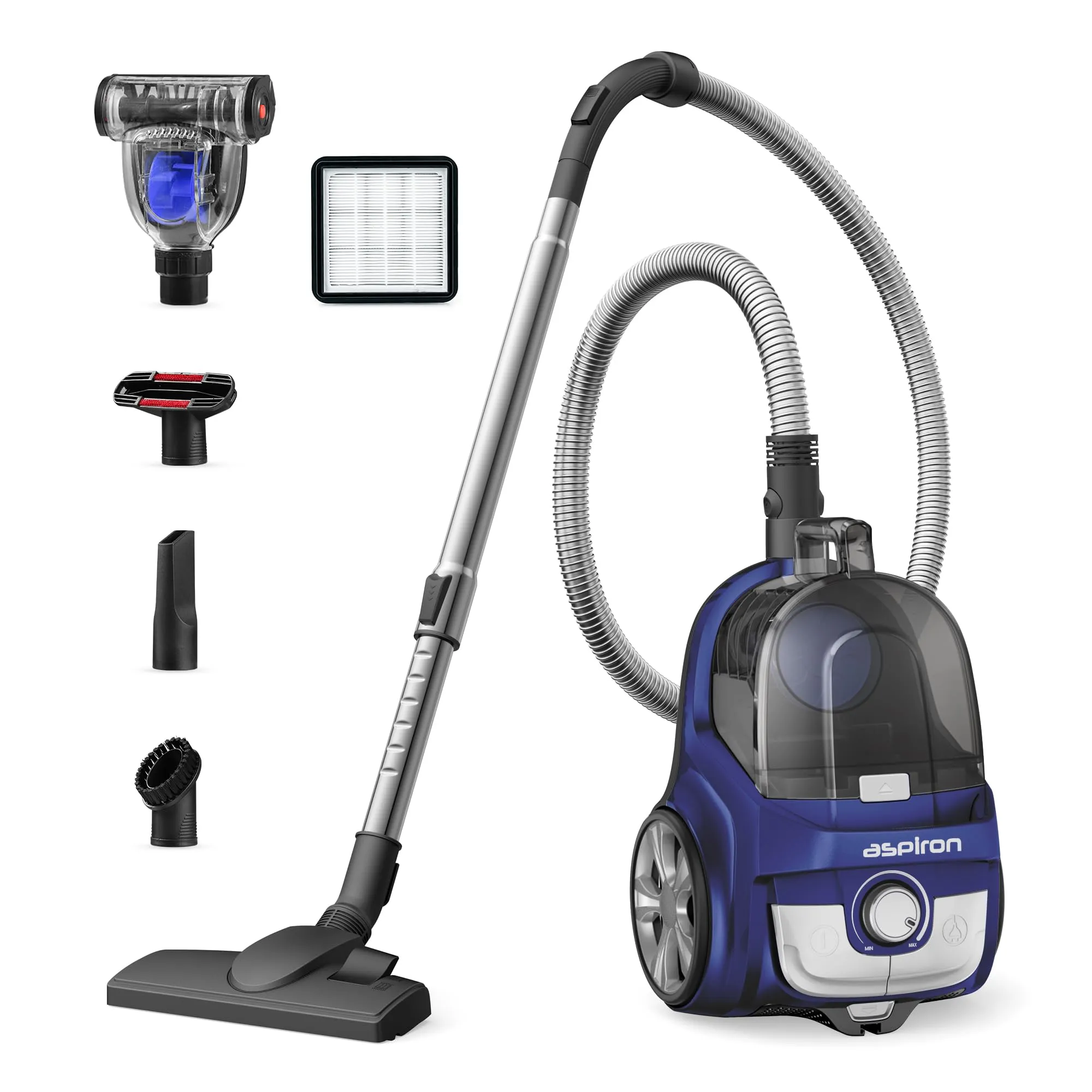 Aspiron Upgraded Canister Vacuum Cleaner, 1200W Bagless, 3.7Qt Capacity, HEPA Filter, Blue