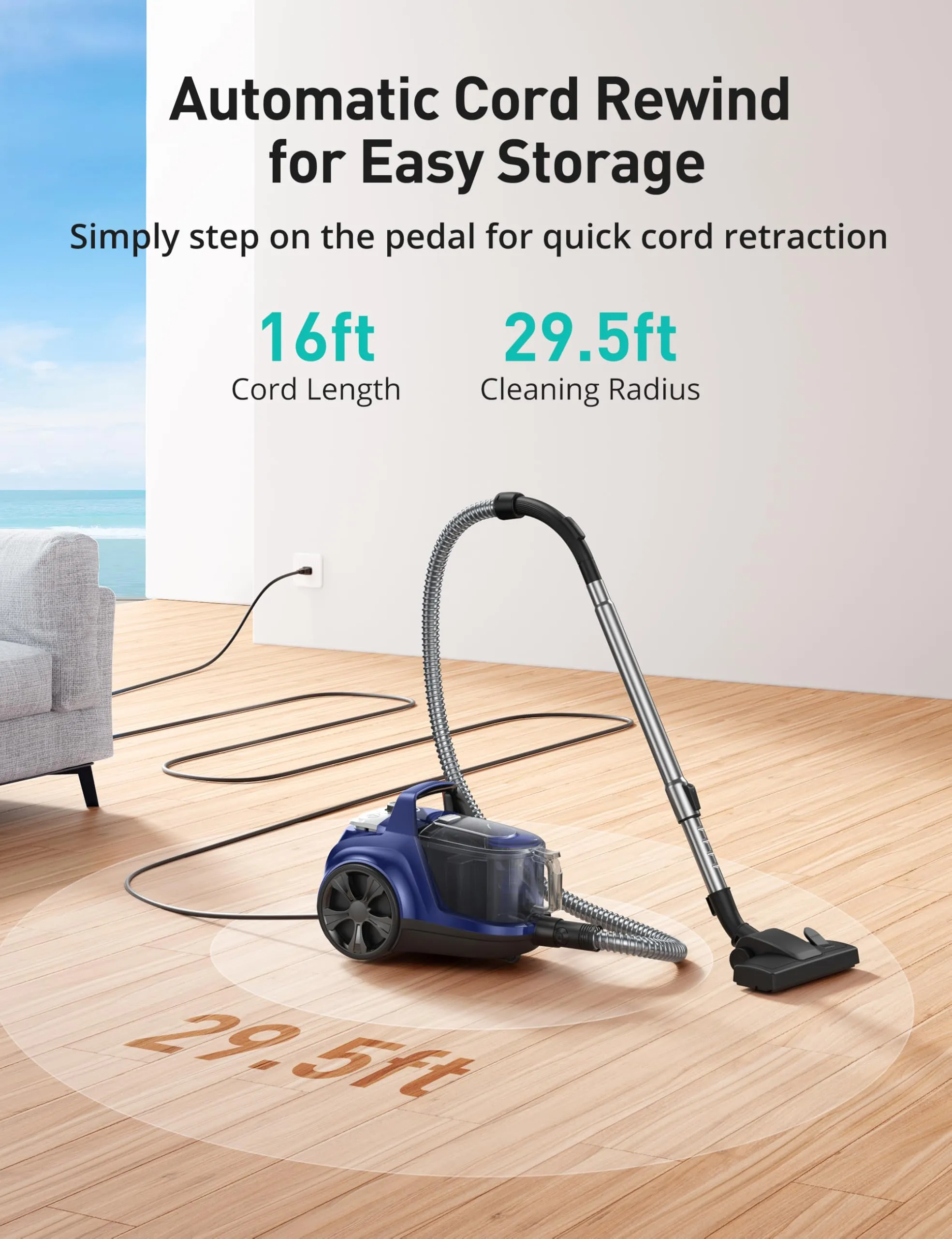 Aspiron Upgraded Canister Vacuum Cleaner, 1200W Bagless, 3.7Qt Capacity, HEPA Filter, Blue - Image 4