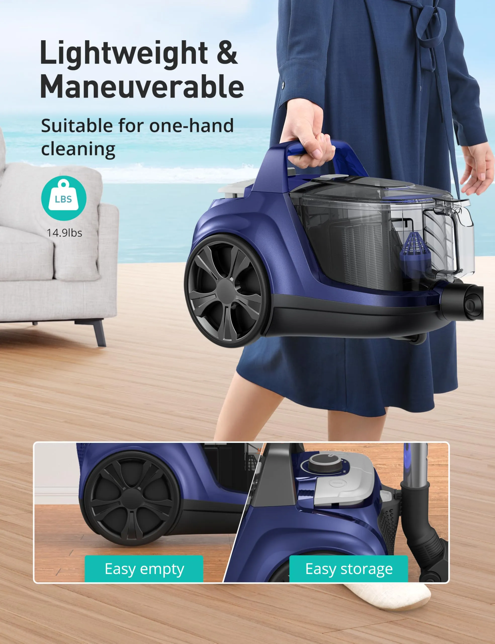 Aspiron Upgraded Canister Vacuum Cleaner, 1200W Bagless, 3.7Qt Capacity, HEPA Filter, Blue - Image 7