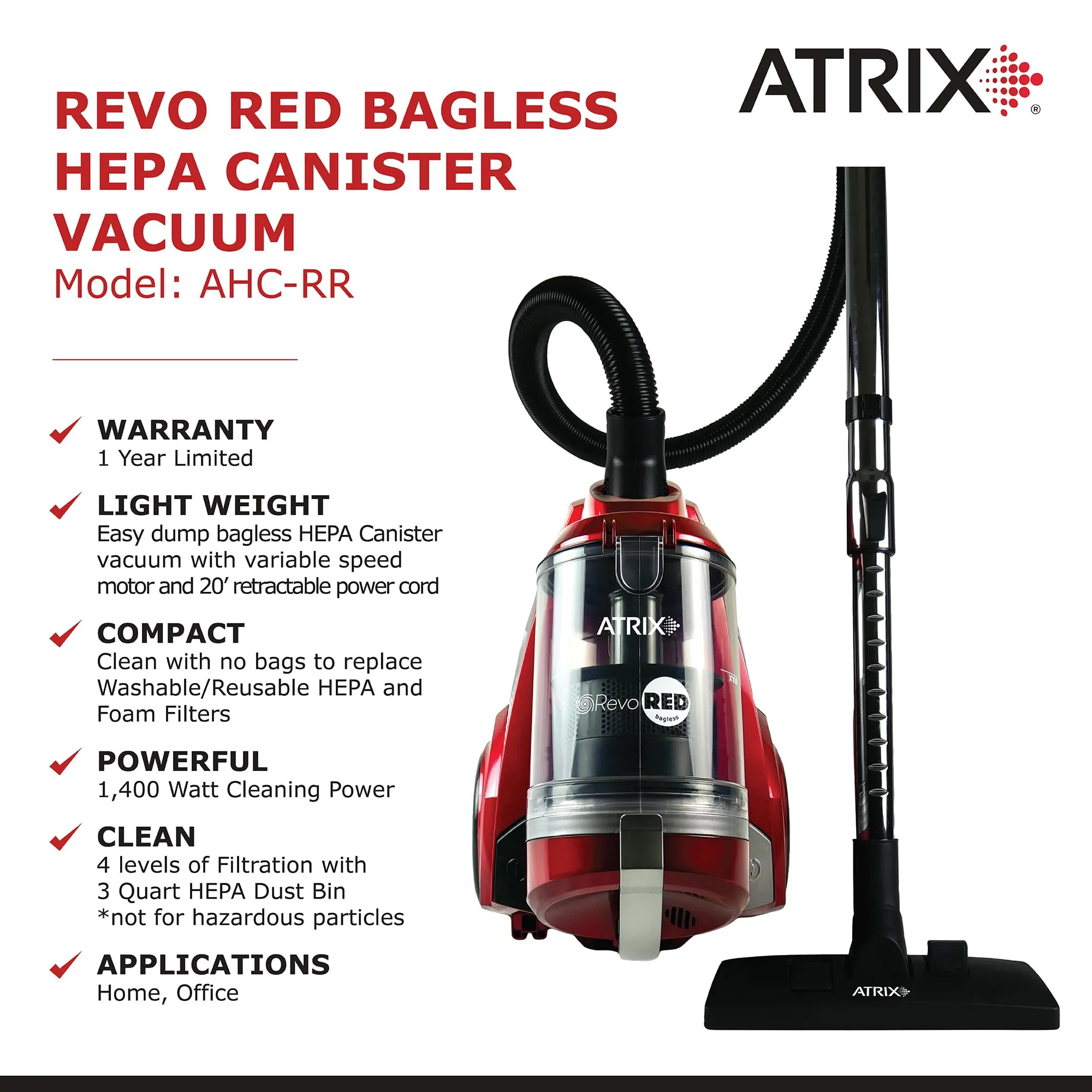 Atrix AHC-RR Revo Red Bagless HEPA 3-Quart Canister Vacuum with Variable Speed Motor - Image 3