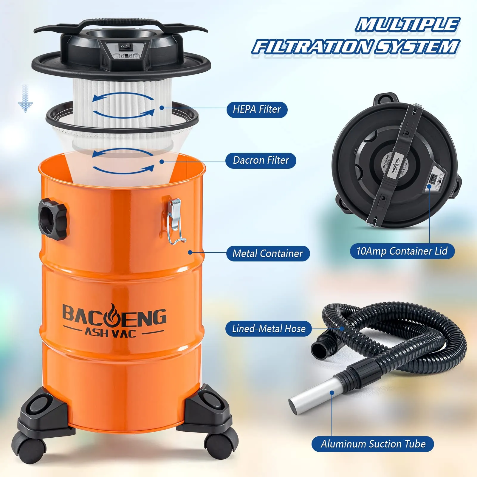 BACOENG 5.3-Gallon Ash Vacuum with 10 Amp Powerful Suction, HEPA Filter & 5FT Metal Hose 5 BACOENG 5.3-Gallon Ash Vacuum with 10 Amp Powerful Suction, HEPA Filter & 5FT Metal Hose - Image 5