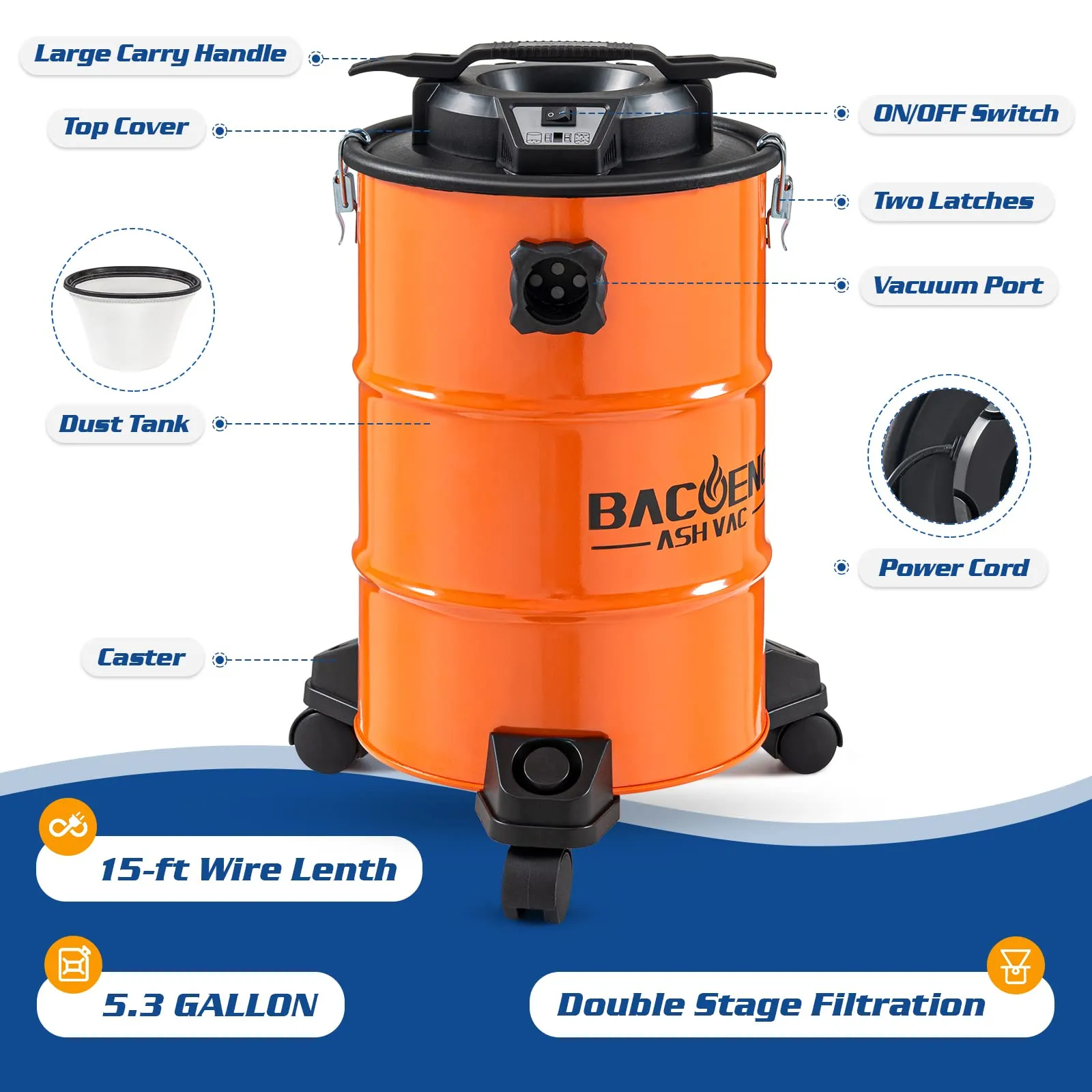 BACOENG 5.3-Gallon Ash Vacuum with 10 Amp Powerful Suction, HEPA Filter & 5FT Metal Hose 7 BACOENG 5.3-Gallon Ash Vacuum with 10 Amp Powerful Suction, HEPA Filter & 5FT Metal Hose - Image 7