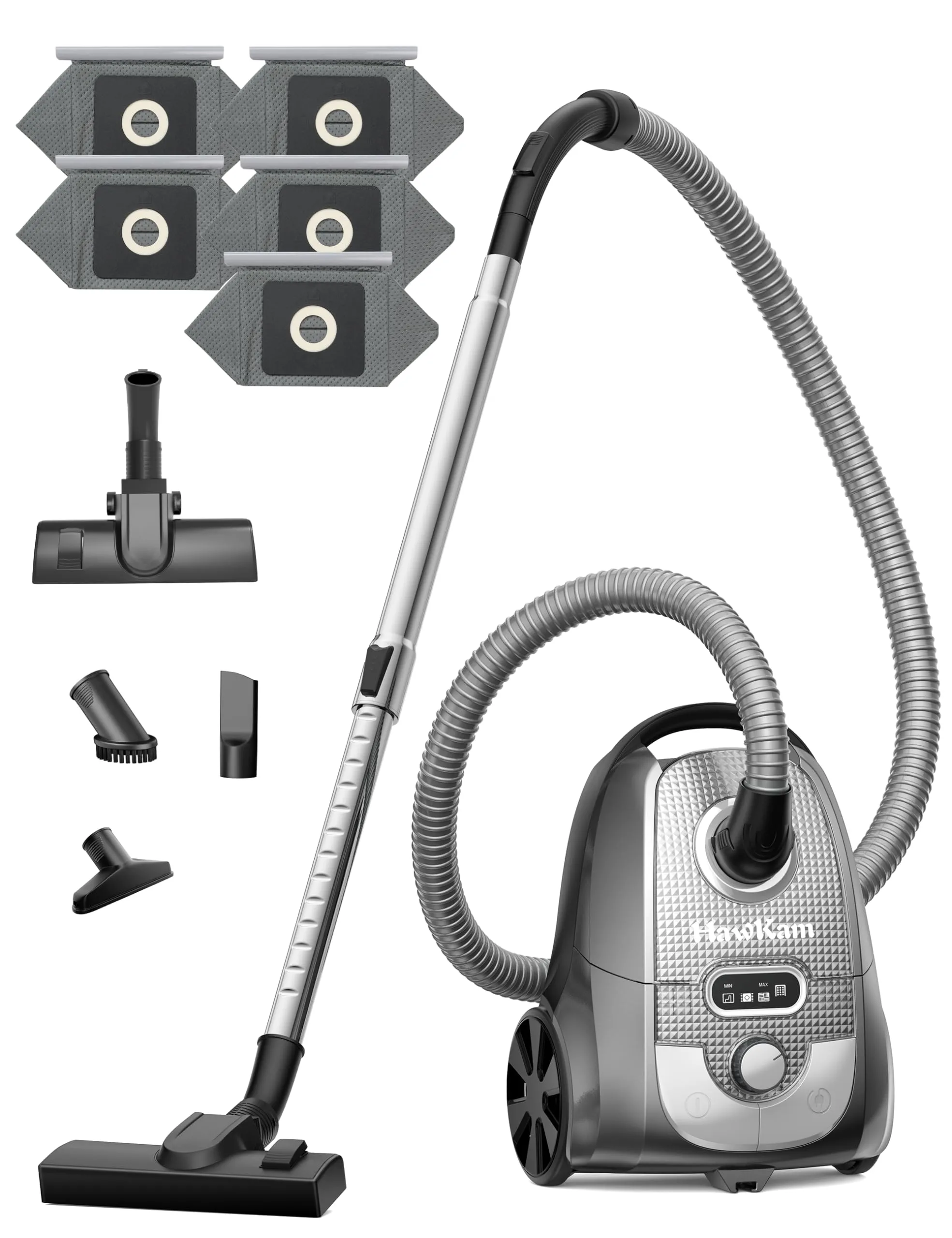 Bagged Canister Vacuum Cleaner, 1300W/25Kpa, Lightweight, 4 Tools, 6 Bags, Ideal for Hard Floors & Carpets