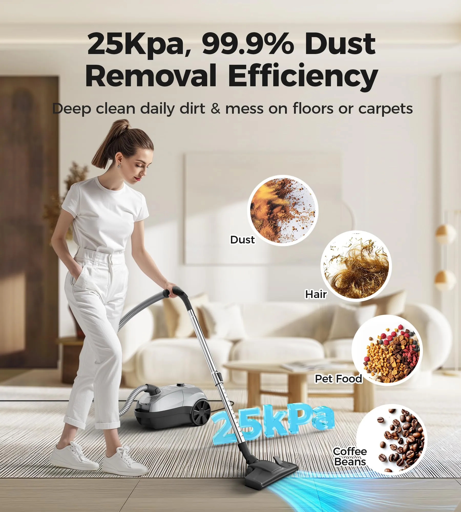 Bagged Canister Vacuum Cleaner, 1300W/25Kpa, Lightweight, 4 Tools, 6 Bags, Ideal for Hard Floors & Carpets - Image 2