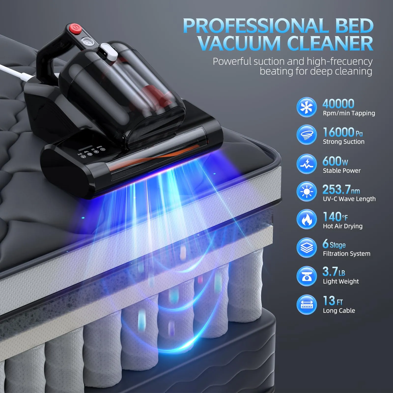 Bed Vacuum Cleaner with 16Kpa Suction, 253.7nm UV-C Light, HEPA Filter, 600W Corded (Ultra-UVC-K16) - Image 2