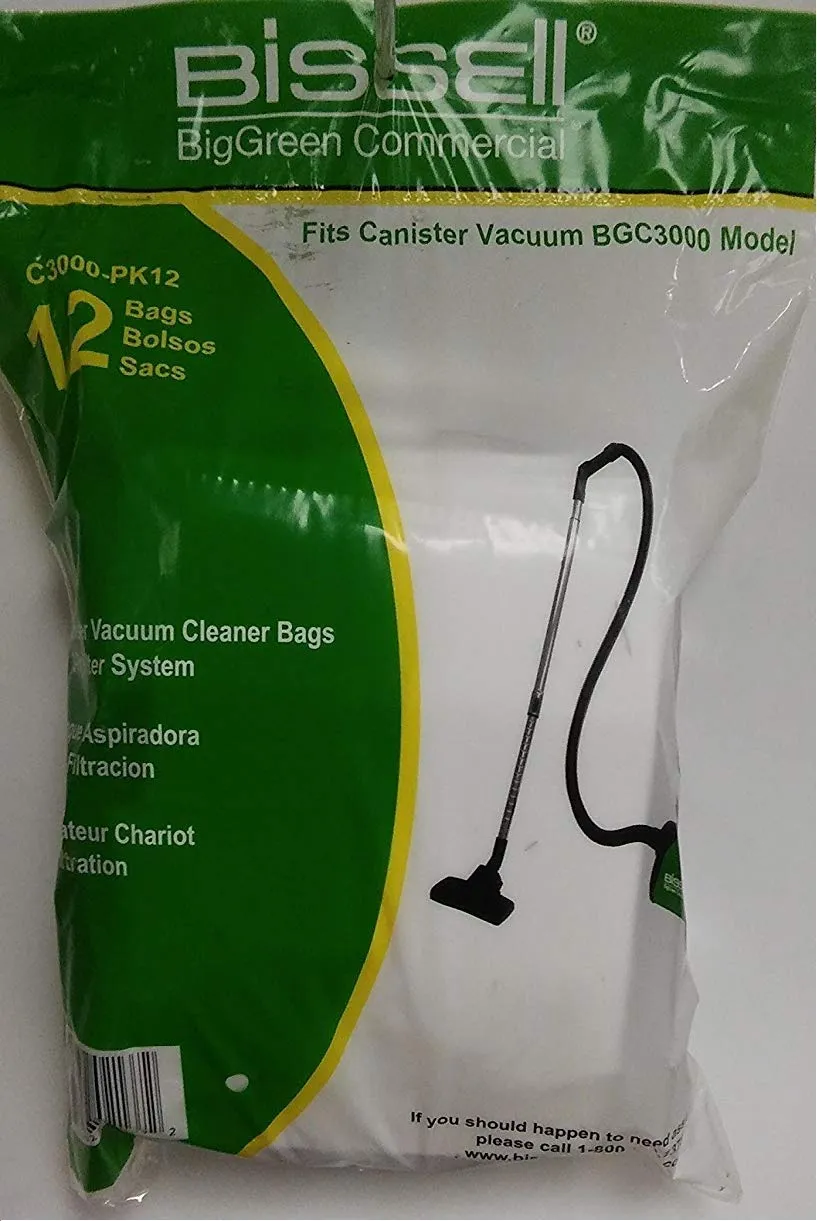 Bissell Big Green Commercial Vacuum Bags - 12-Pack, 2.25-Gallon, HEPA Filter, Model C3000-PK12