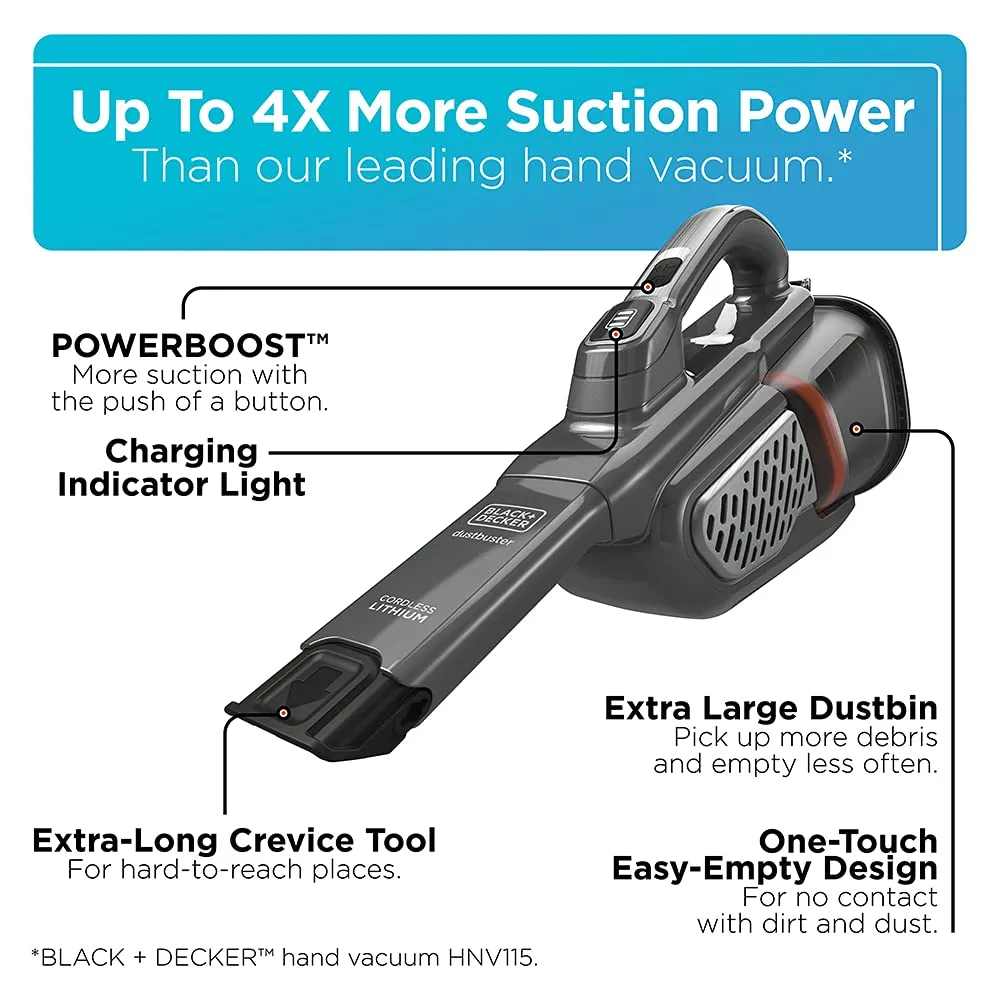 BLACK+DECKER Cordless Dusbuster Vacuum, Gray, 4X Suction Power, XL Dustbin, 2 Speed Modes - Image 2