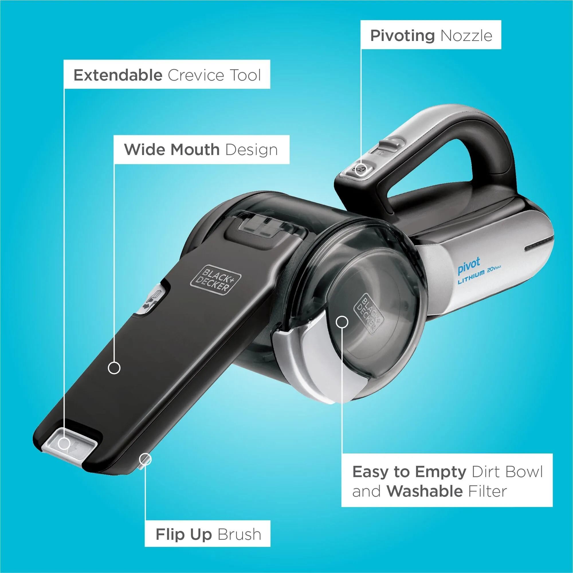 BLACK+DECKER dustbuster PIVOT VAC Cordless Handheld Vacuum with Crevice Tool, 15oz Capacity - Image 3