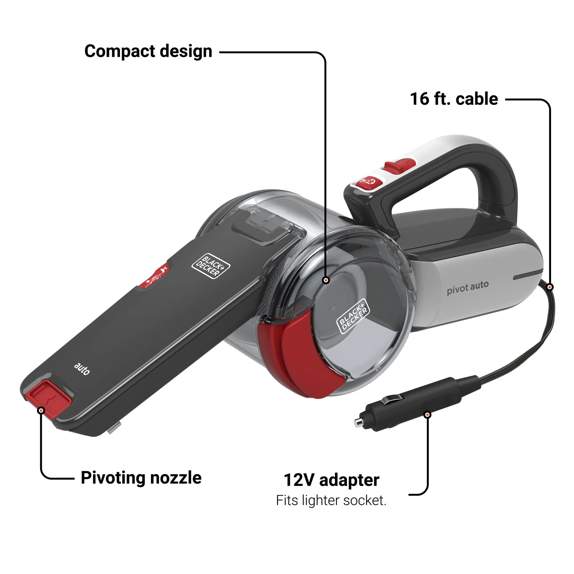 BLACK+DECKER Pivot Vac 12V DC Car Handheld Vacuum with Crevice Tool and Pivoting Nozzle, Black - Image 2