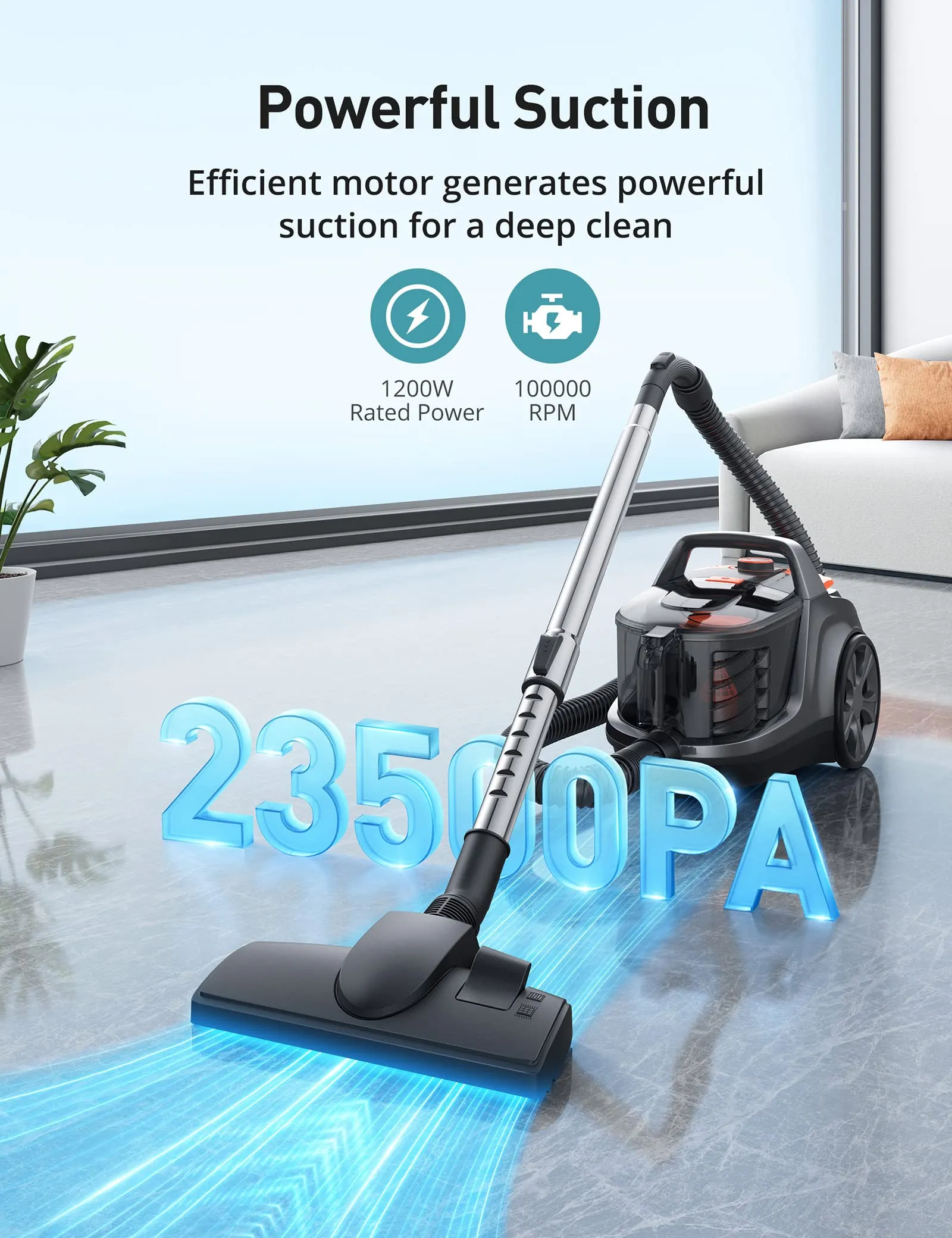 Canister Vacuum Cleaner 1200W Bagless with HEPA Filter, 3.7Qt Capacity, Lightweight for Floors & Pets 2 Canister Vacuum Cleaner 1200W Bagless with HEPA Filter, 3.7Qt Capacity, Lightweight for Floors & Pets - Image 2