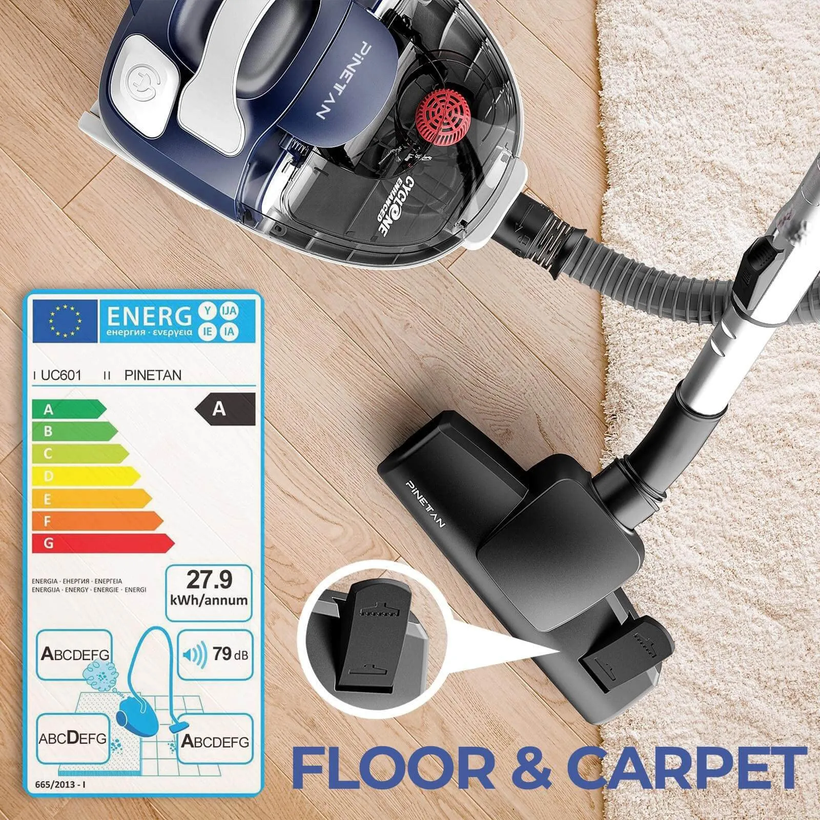 DoubleDown Canister Vacuum Cleaner UC601, Bagless, Duo HEPA Filter, Auto Rewind, 800W - Image 3