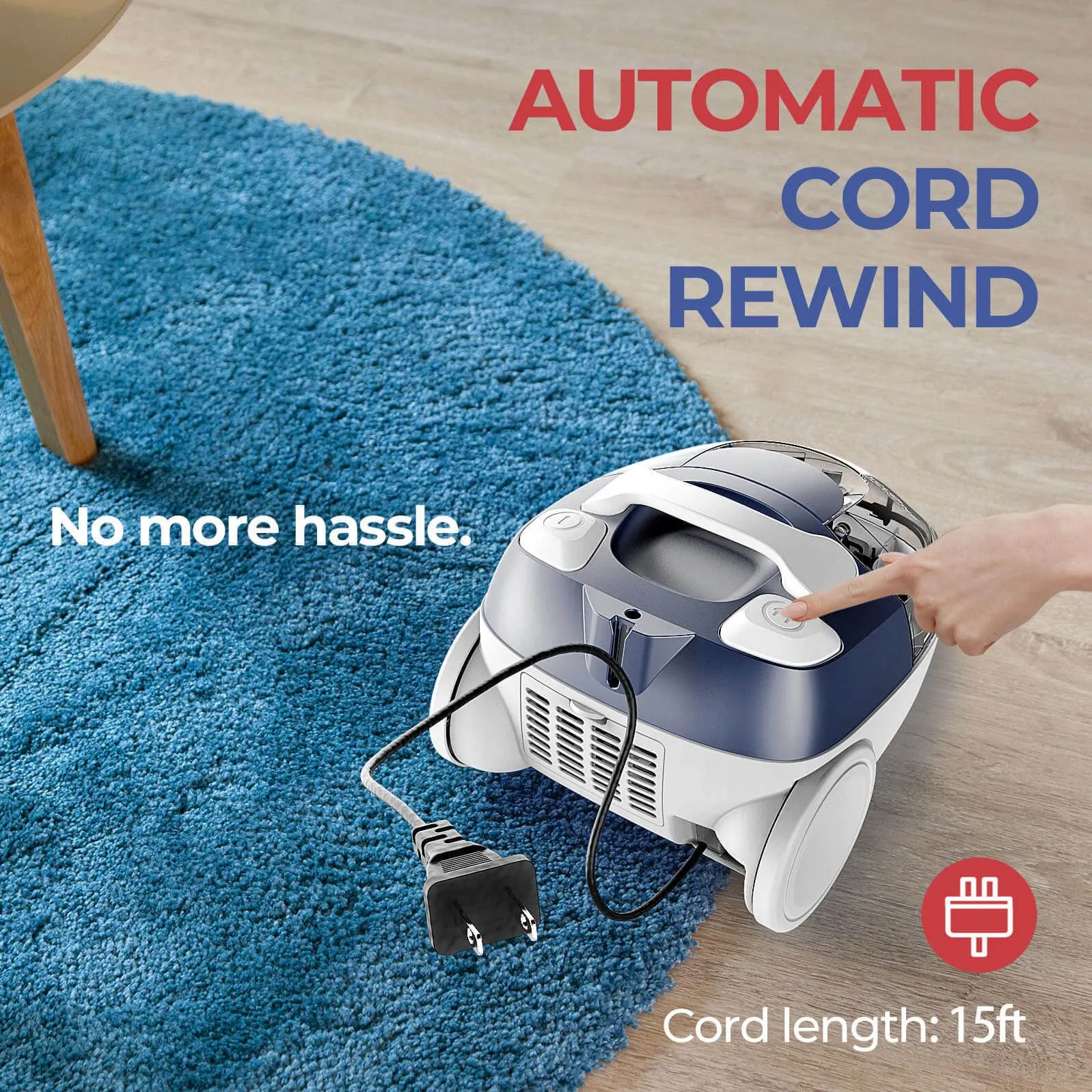 DoubleDown Canister Vacuum Cleaner UC601, Bagless, Duo HEPA Filter, Auto Rewind, 800W - Image 6