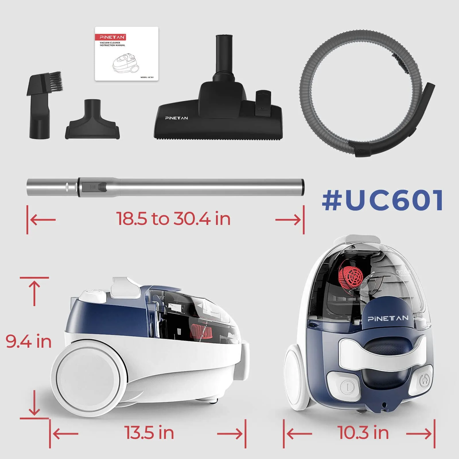 DoubleDown Canister Vacuum Cleaner UC601, Bagless, Duo HEPA Filter, Auto Rewind, 800W - Image 7