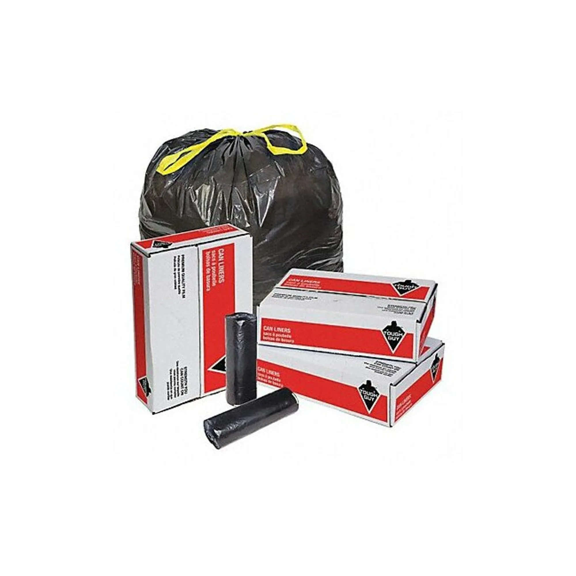 Drawstring Trash Can Liner 55 Gallon, Black, Extra Heavy Duty, Pack of 100, Tough Guy