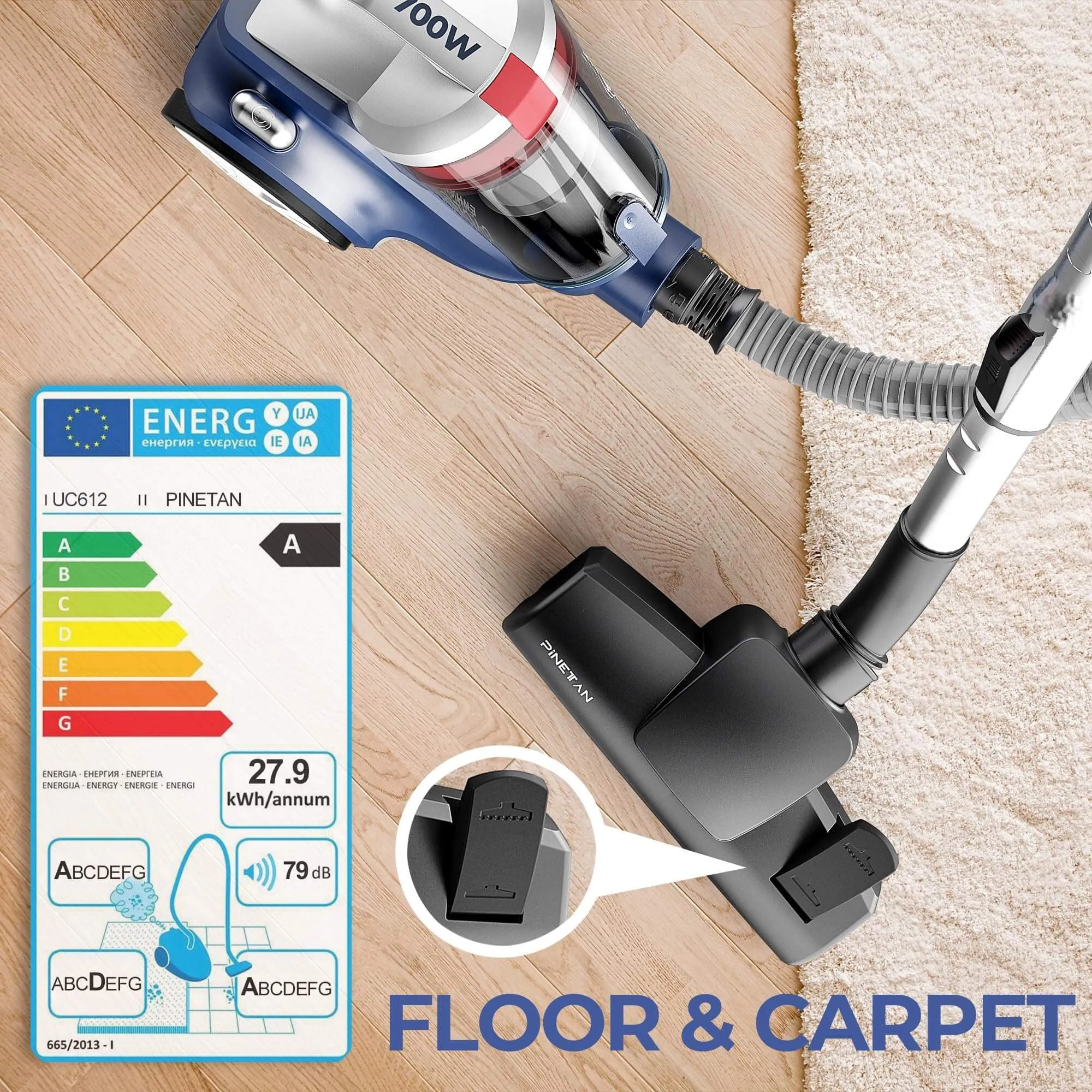 EasyPeasy Bagless Canister Vacuum Cleaner with HEPA Filter, Auto Cord Rewind & Accessory Holder - Image 3