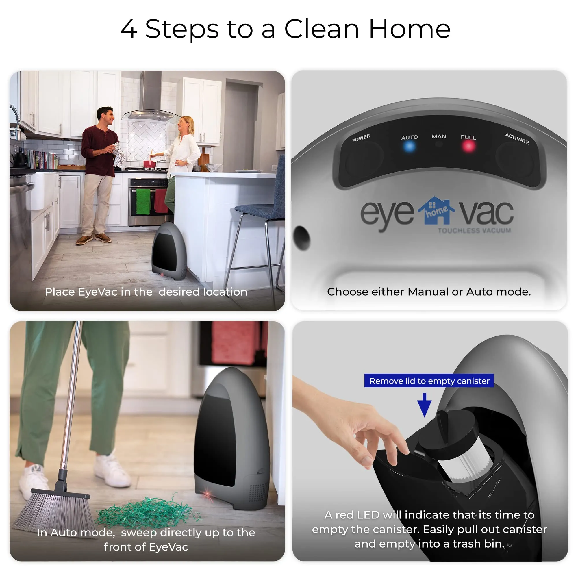 EyeVac Home Touchless Vacuum - Automatic Dustpan for Pet Hair, Dirt, Kitchen - 1000W (Silver) - Image 4