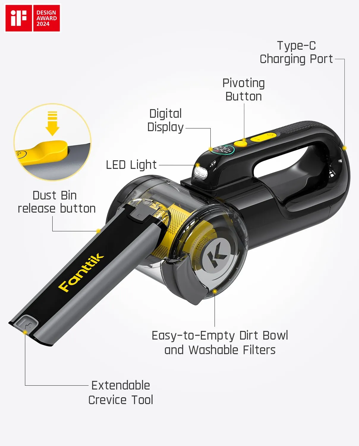 Fanttik Fold V10 Apex Pivot Car Vacuum - 17000Pa Cordless Hand Vac with LED Light & DynamicClean™ - Image 8