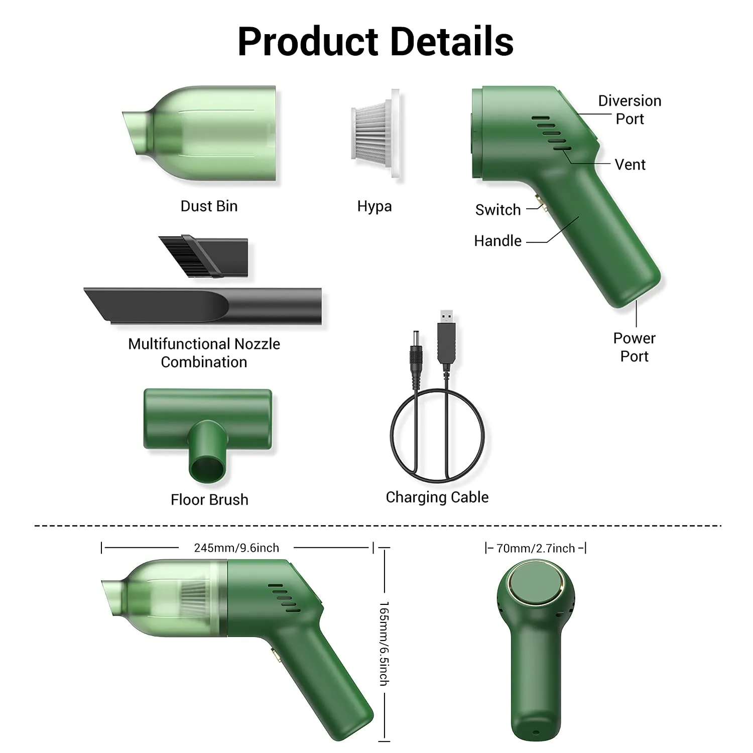 Handheld Cordless Vacuum Cleaner - Mini Rechargeable with Strong Suction for Car & Home - Green - Image 6