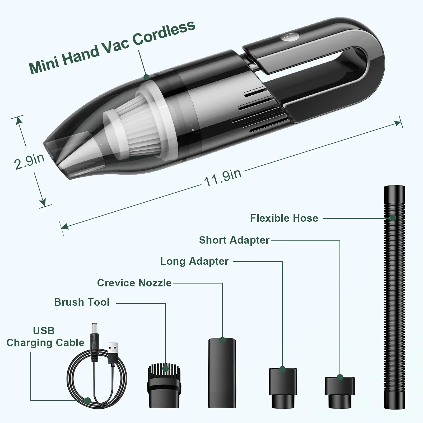 Handheld Vacuum Cleaner Cordless - Mini Rechargeable Car Vacuum for Home, Office, & Pet Hair (Black) - Image 2