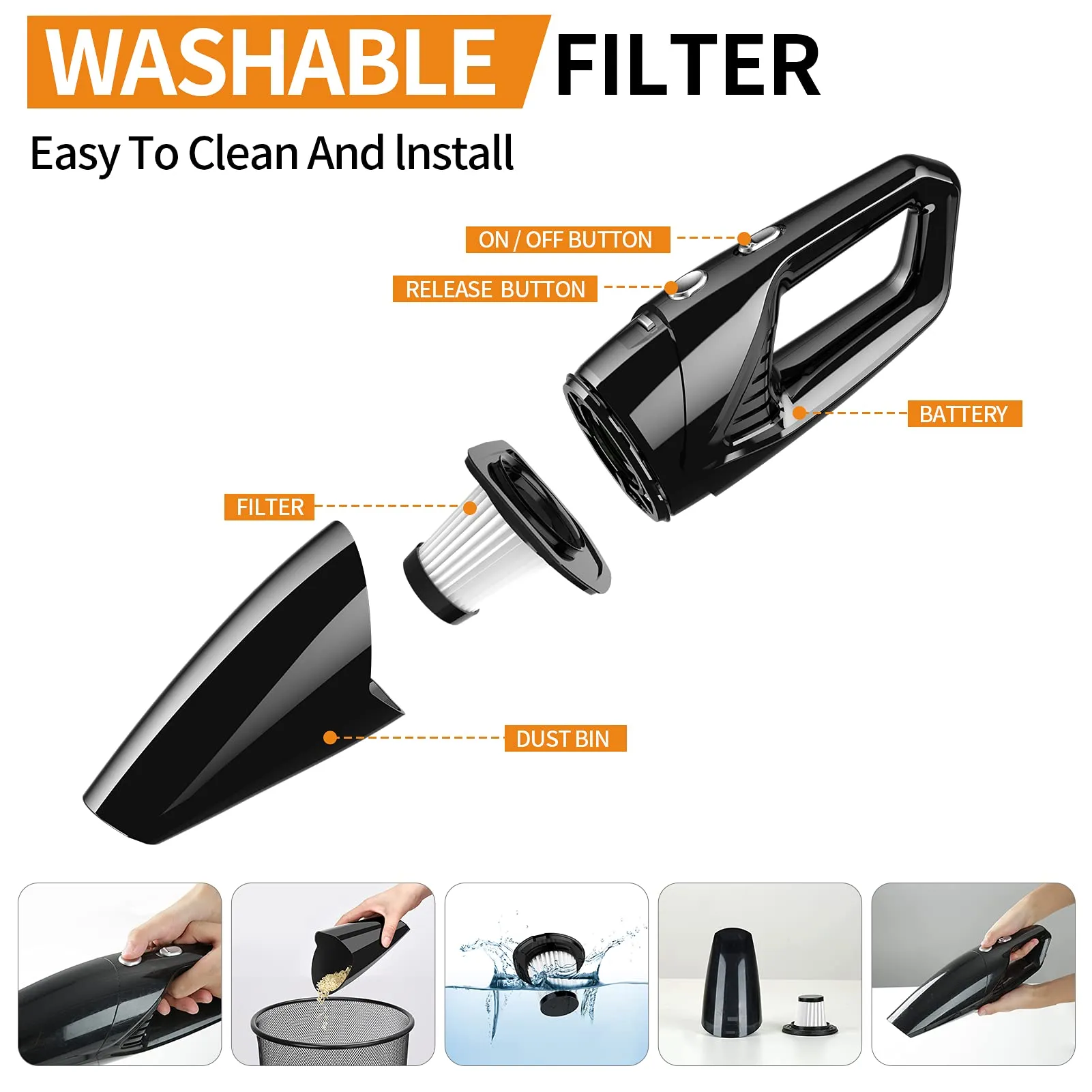 Handheld Vacuum Cleaner Cordless Rechargeable 7000PA Suction Power, Lightweight Black Mini Vac - Image 5